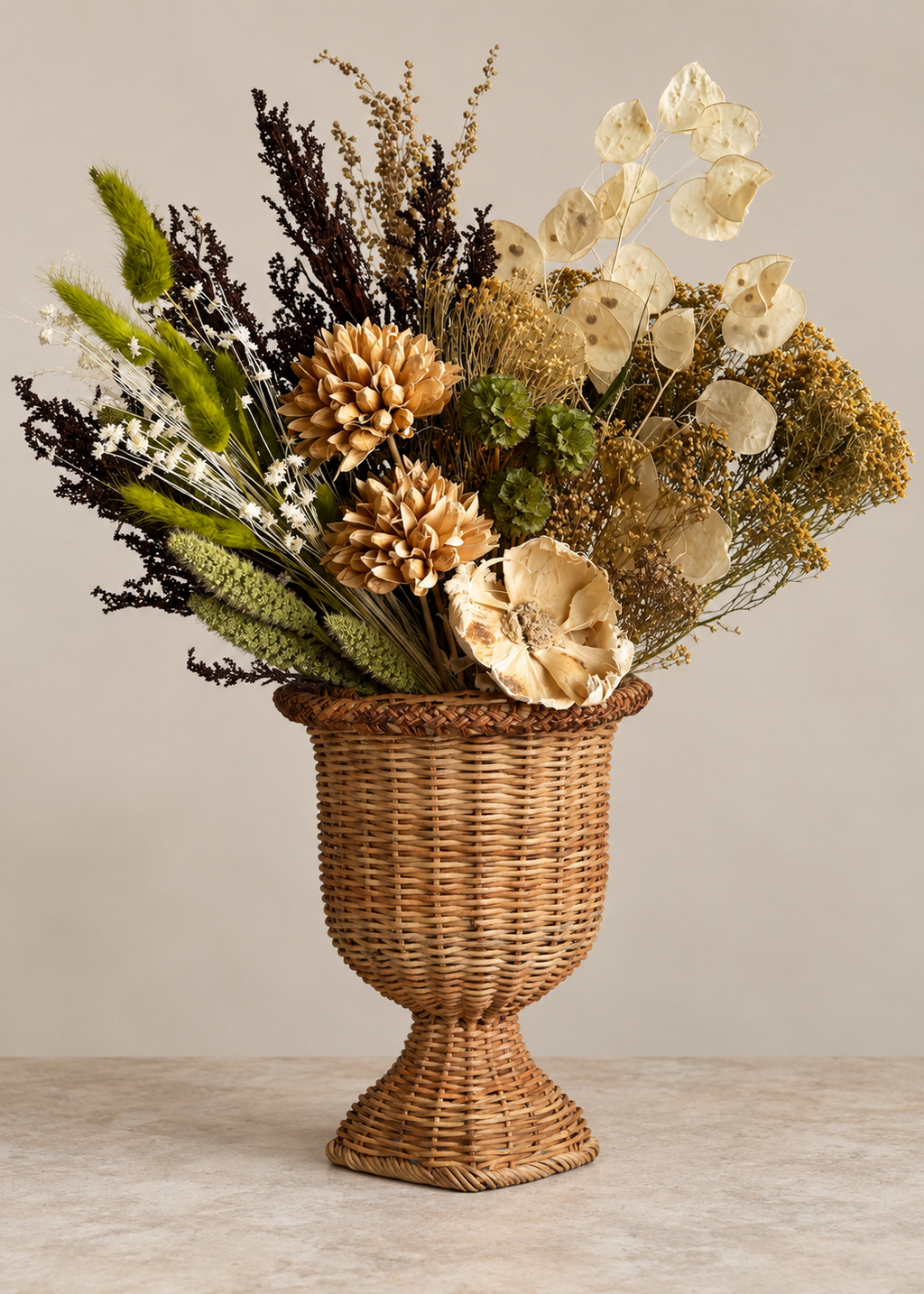 Dried bouquet in wicker urn