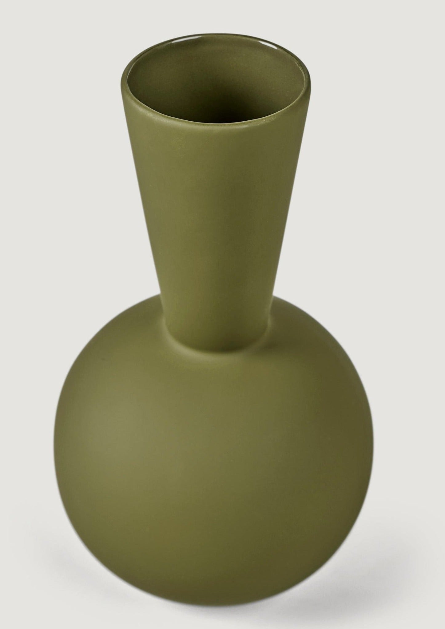 Ceramic Trumpet Vase in Olive Green Closeup View