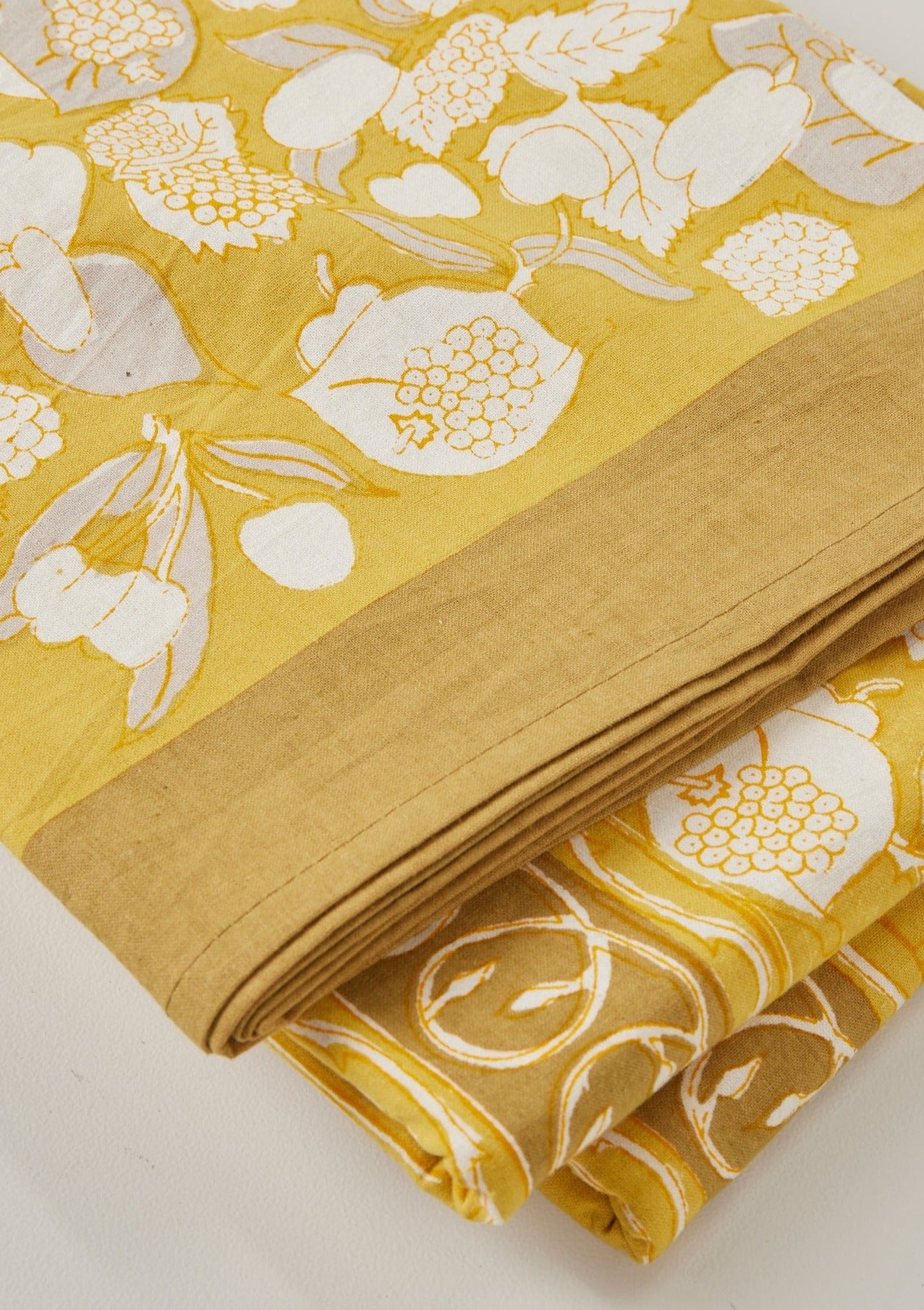 Afloral Closeup of Grey and Mustard Cotton Dining Tablecloth