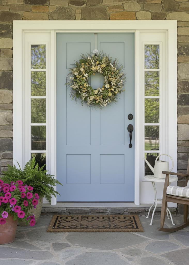 Front door with a wreath, potted plants, and a rocking chair on a stone porch.