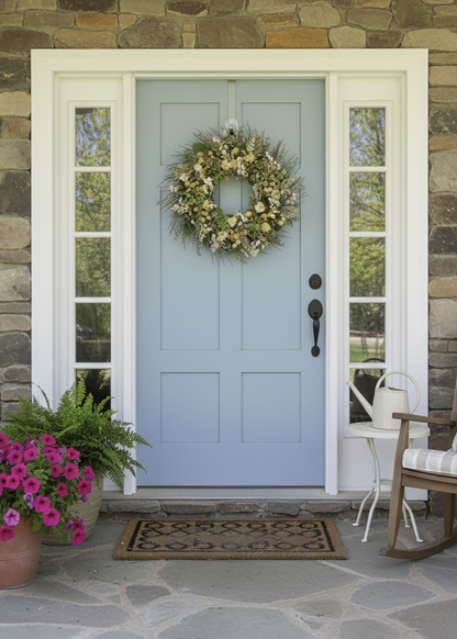 Front door with a wreath, potted plants, and a rocking chair on a stone porch.