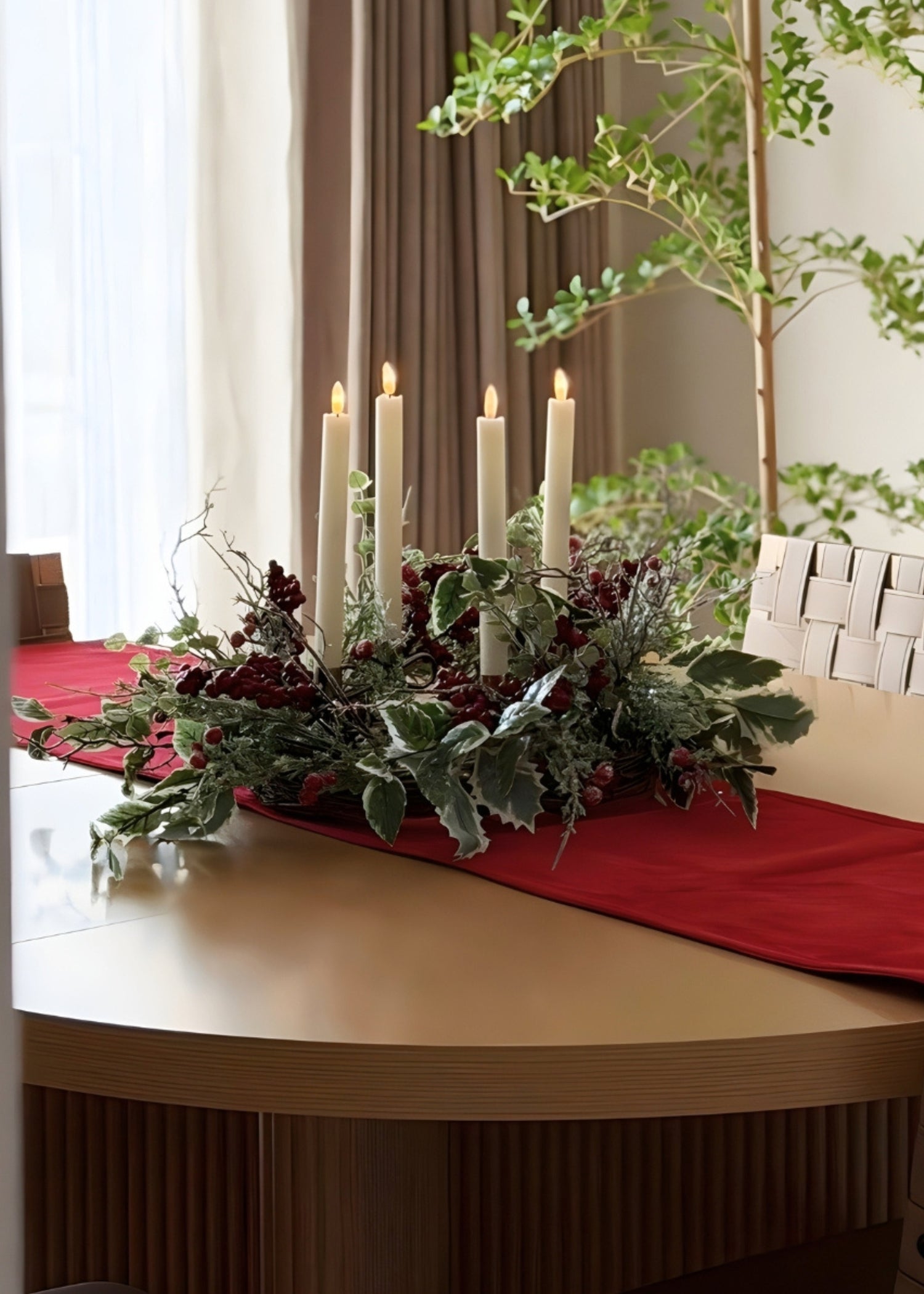 frosted holly centerpiece wreath with candles