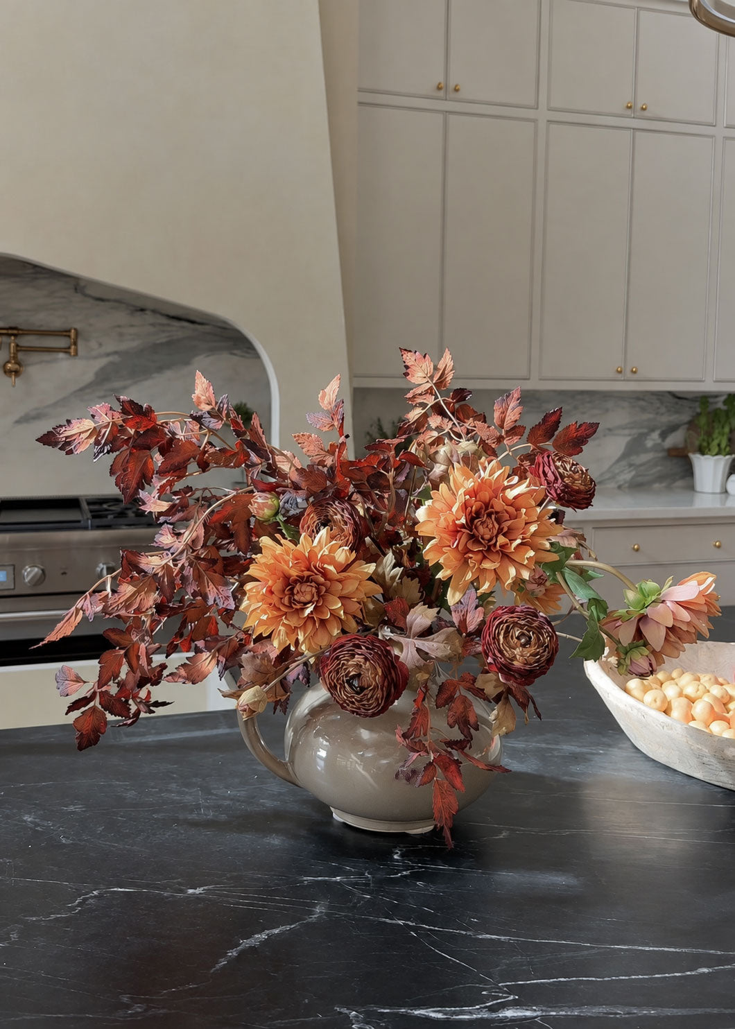 Ranunculus, Cimicifuga, and Dahlia Fall Flower Arrangement