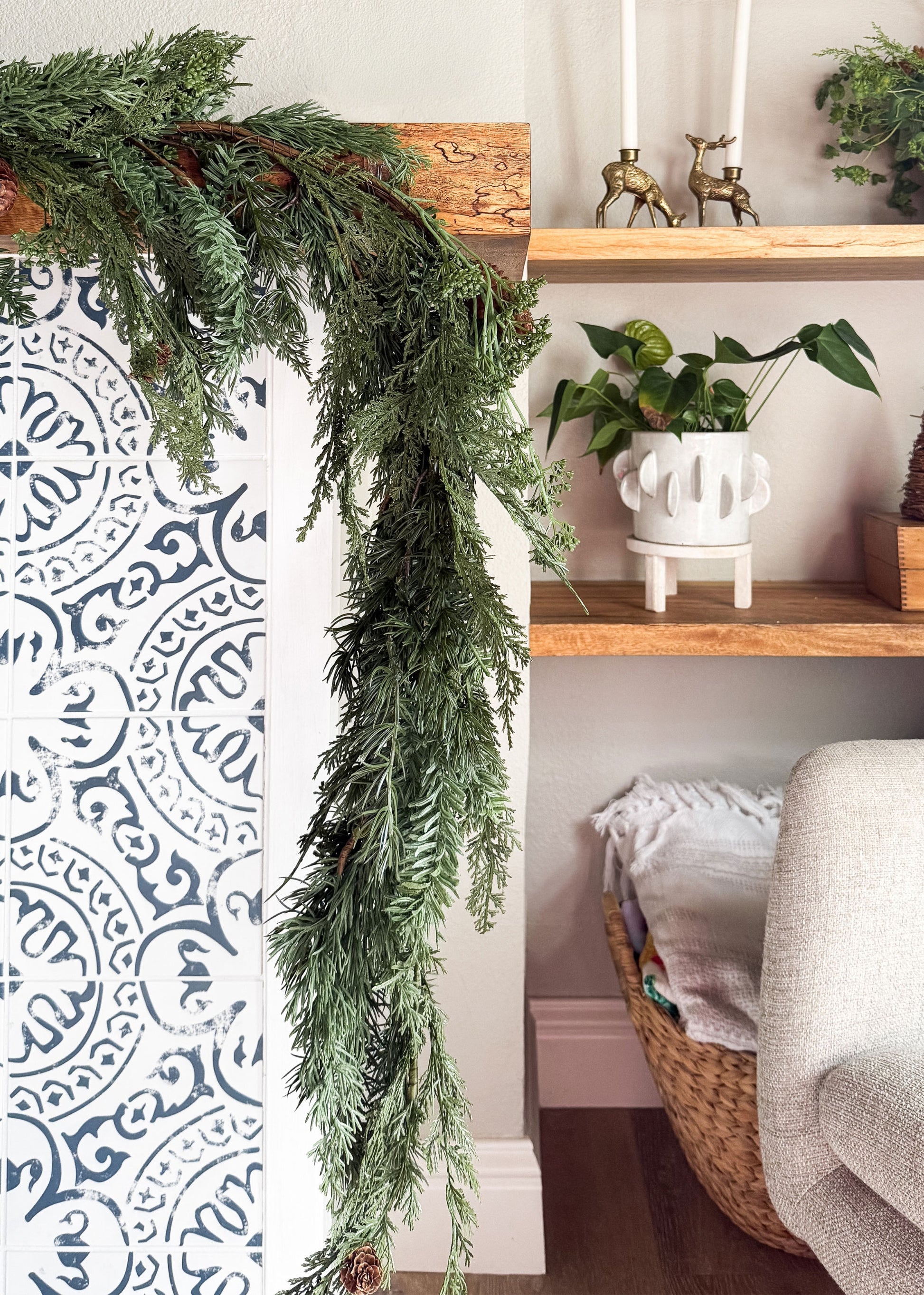 spruce and pine garland on mantel