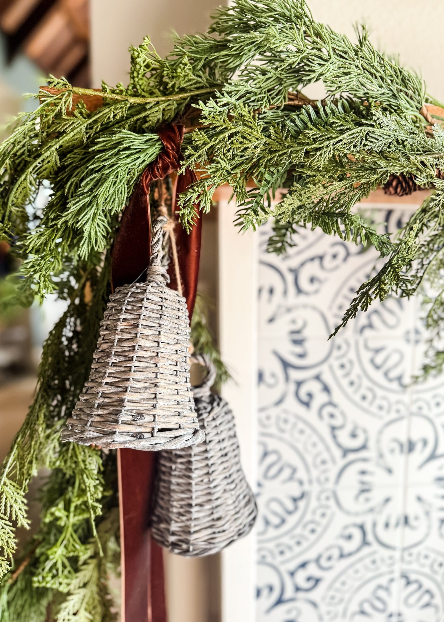 close-up of spruce and pine garland