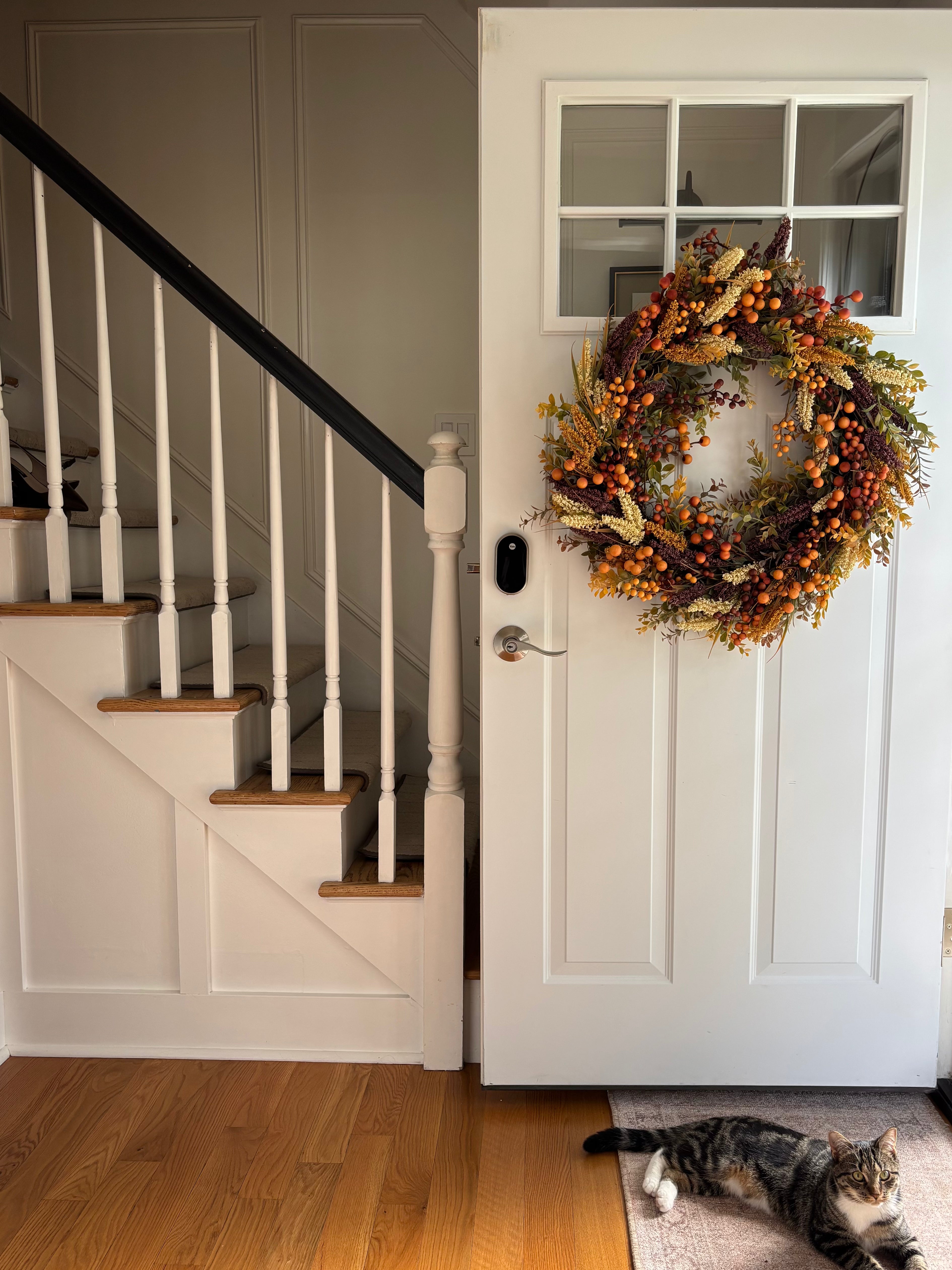 An autumn-themed dried flower wreath with orange berries and beige grasses hangs on a white front door next to a staircase with white spindles and wood steps. A tabby cat is lying on a rug on the hardwood floor below.