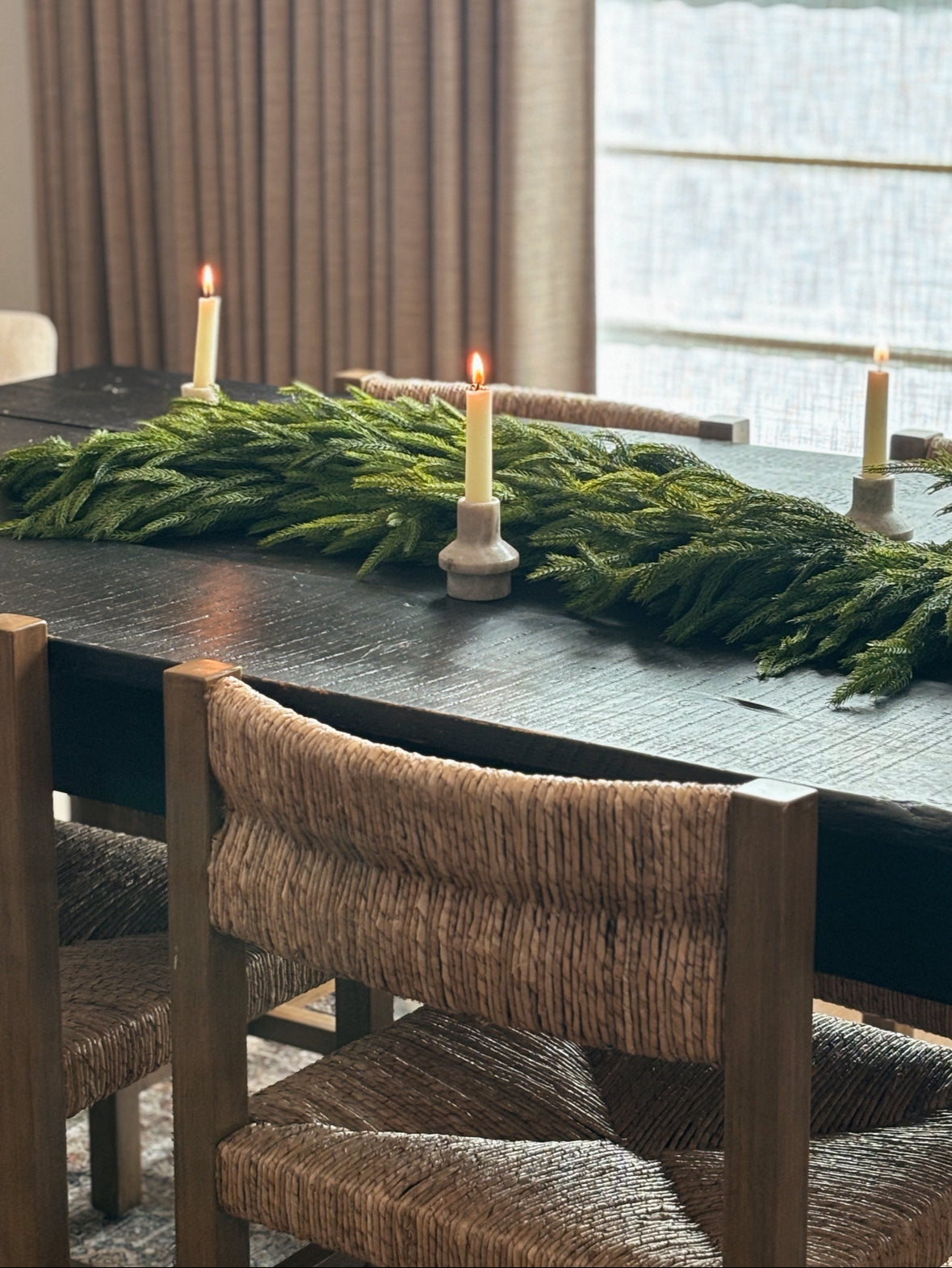 Artificial Pine Garland on Dining Table with Candles