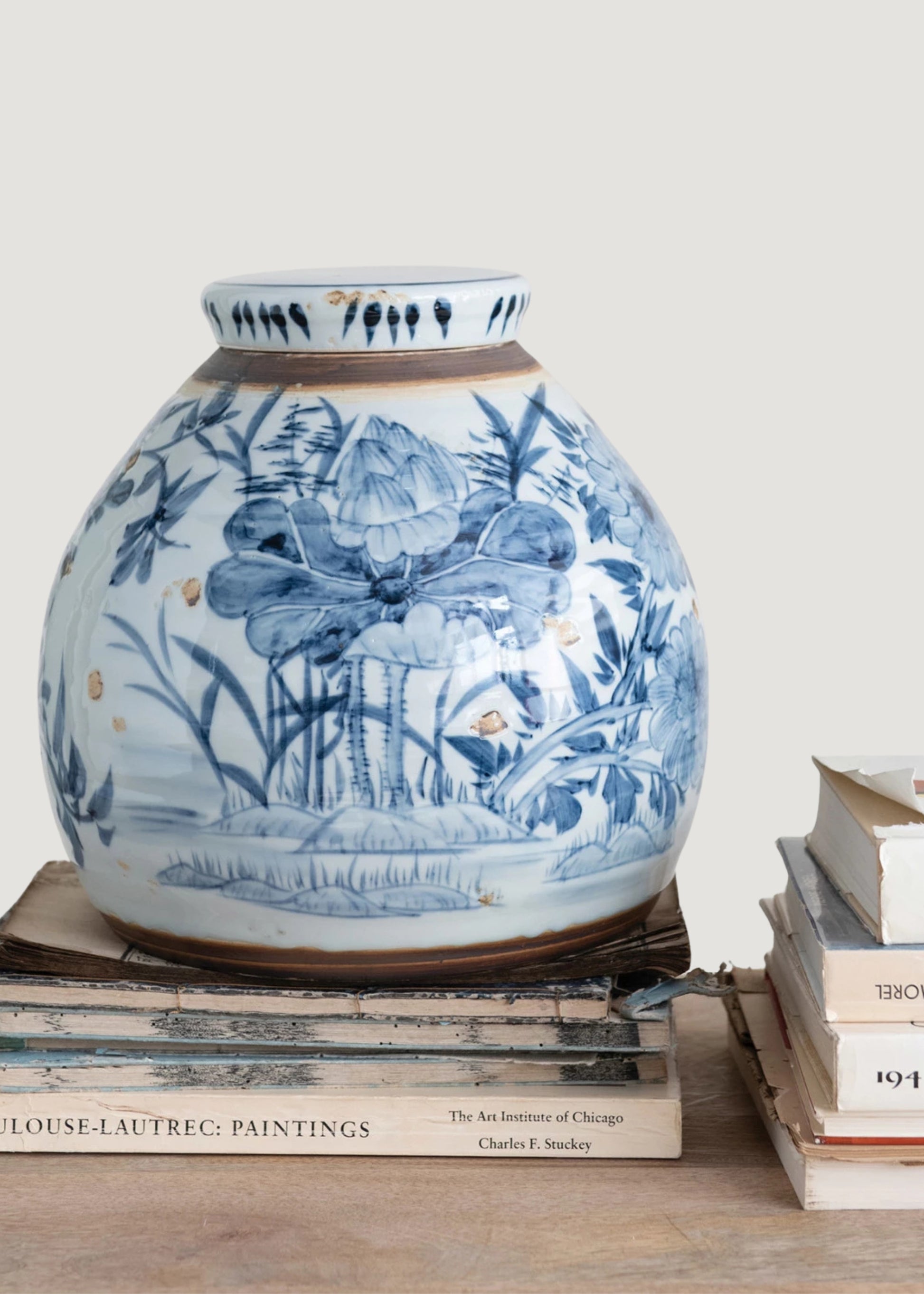 Hand-Painted Blue and White Stoneware Ginger Jar Vase Styled on Antique Books