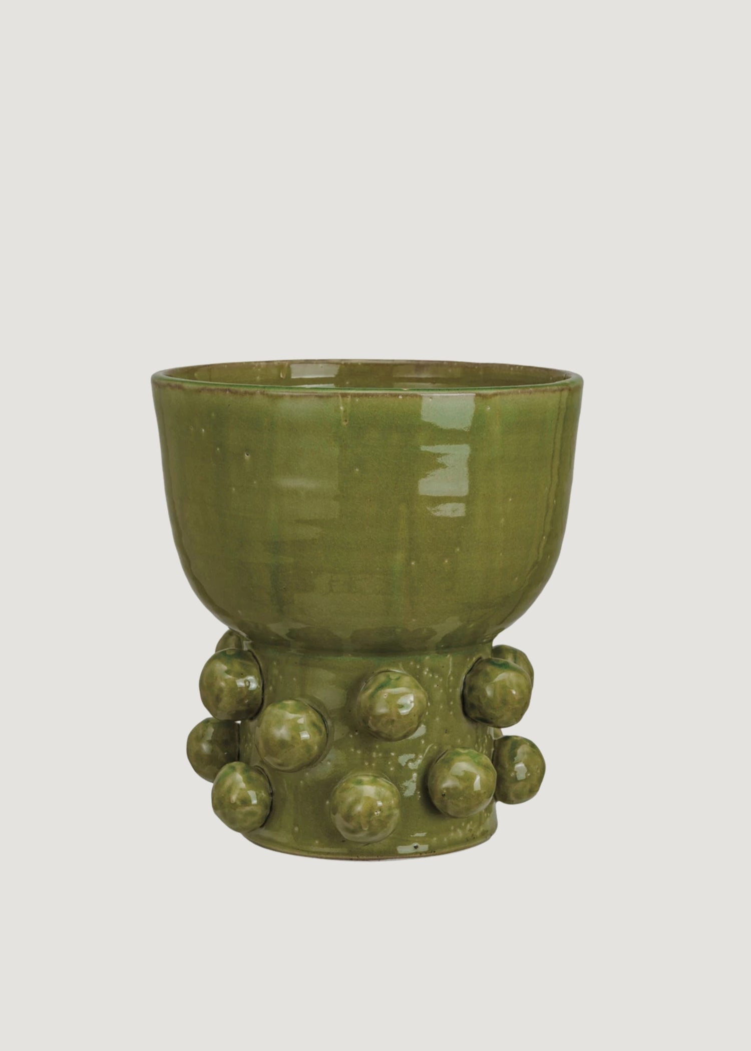 Handmade Terra Cotta Hobnail Footed Vase in Glazed Green