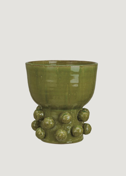 Handmade Terra Cotta Hobnail Footed Vase in Glazed Green