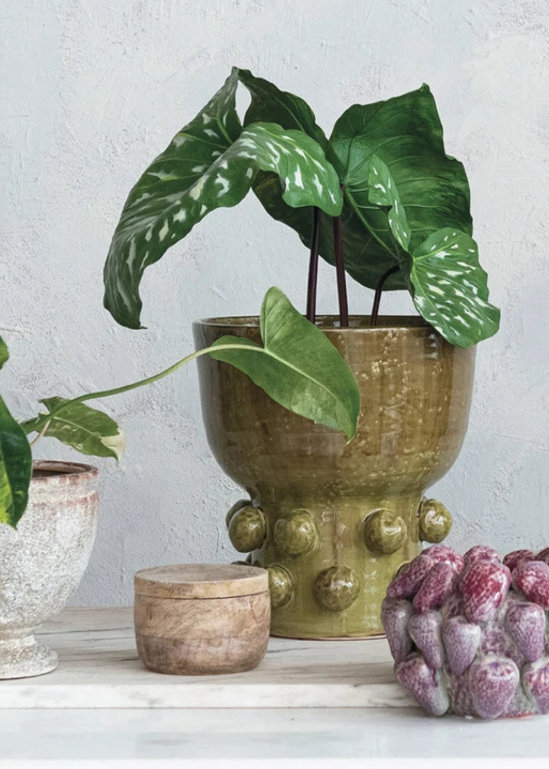 Glazed Green Hobnail Footed Vase Styled with Plant