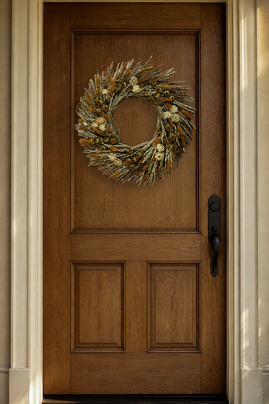 fall dried grass wreath on wooden door
