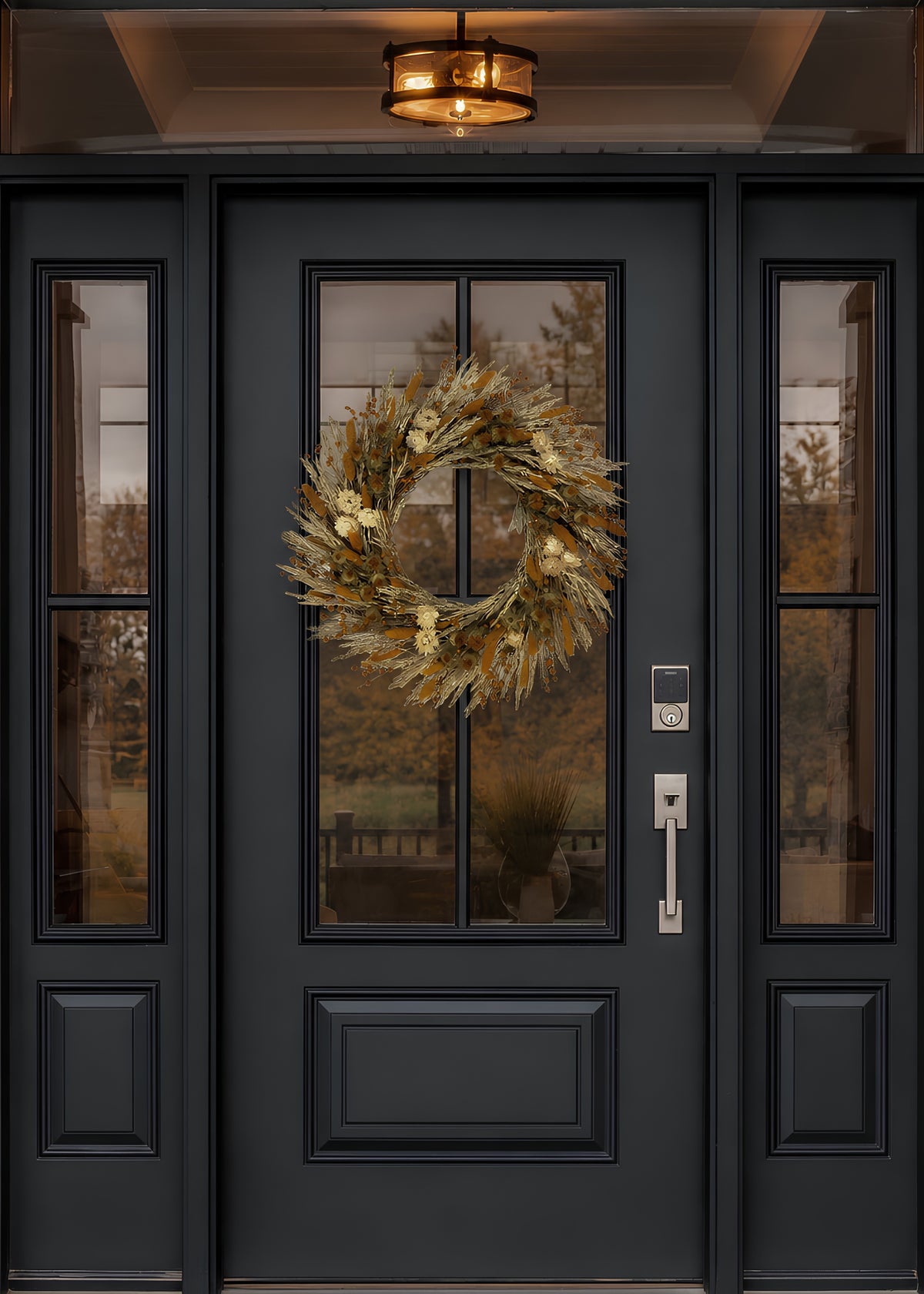 fall dried grass wreath on wooden door