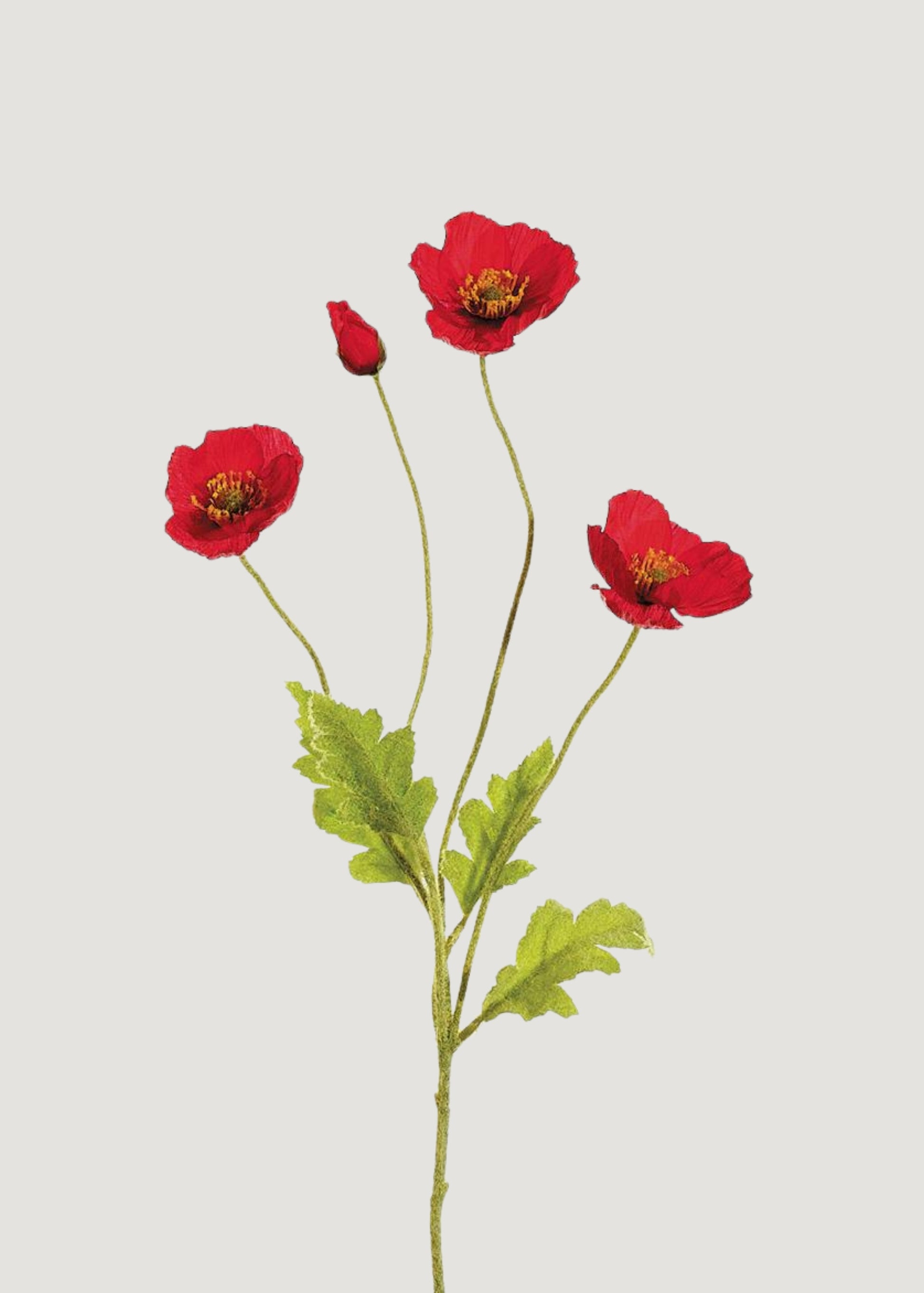 Red artificial poppy flower spray with lifelike petals and buds
