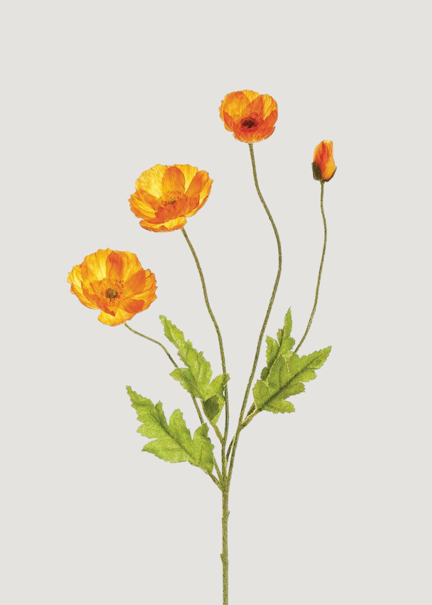 Orange artificial poppy flower spray with lifelike petals and buds