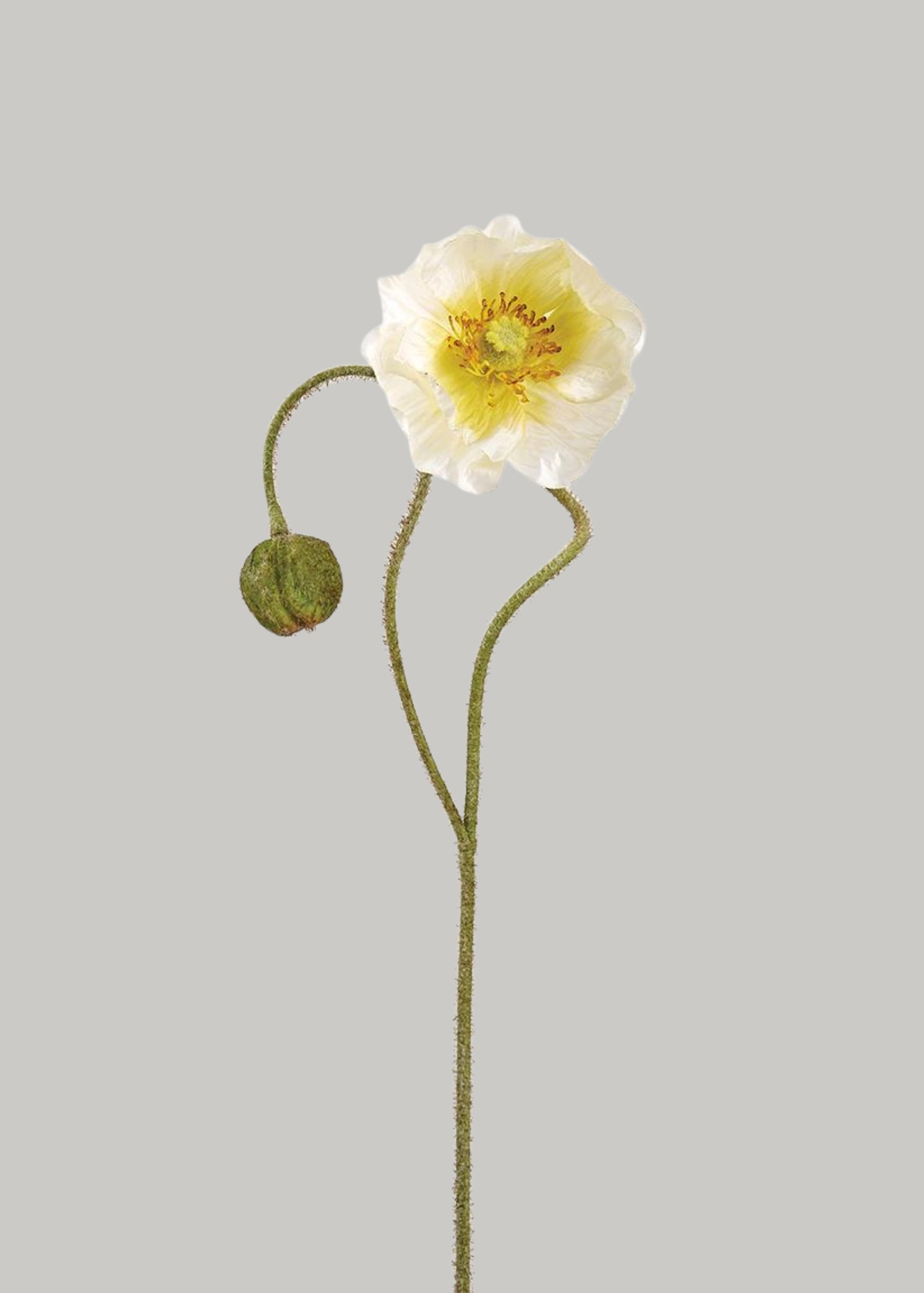 Cream artificial poppy flower stem with lifelike petals and bud
