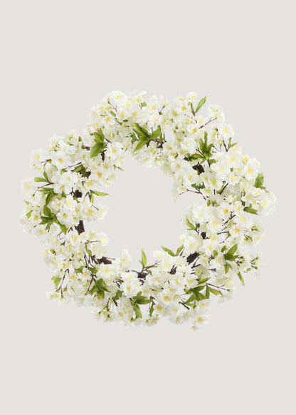 Fake Cherry Blossom Wreath in White