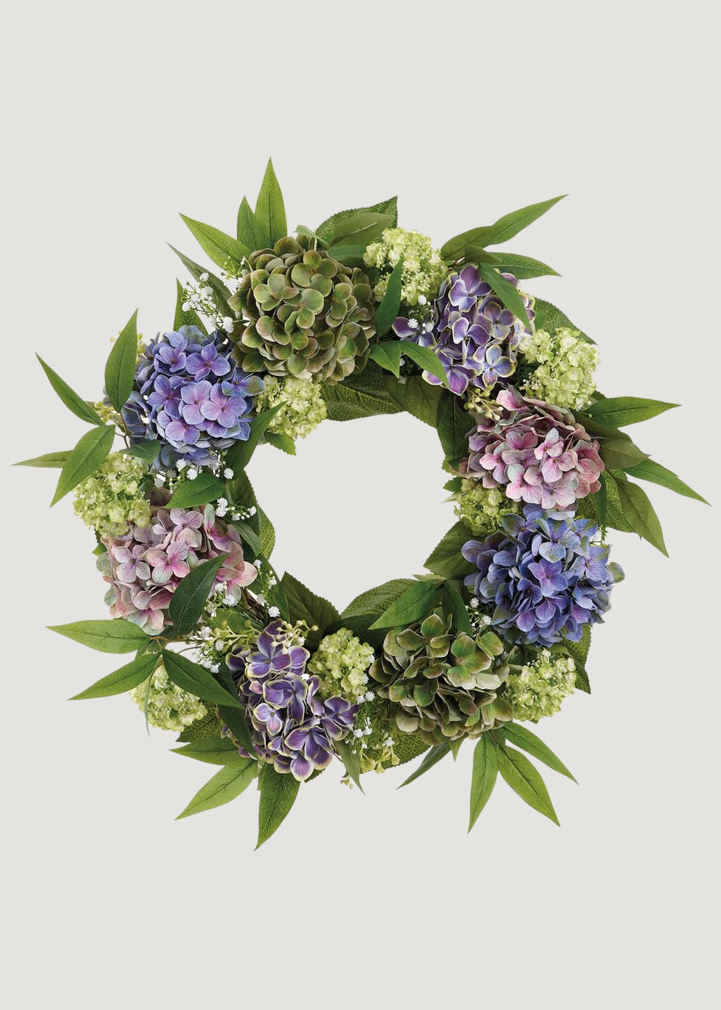 Purple Green Fake Hydrangea and Snowball Flower Wreath