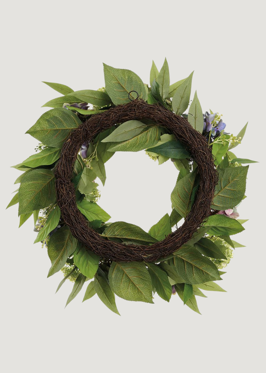 Back of Purple Green Fake Hydrangea and Snowball Flower Wreath