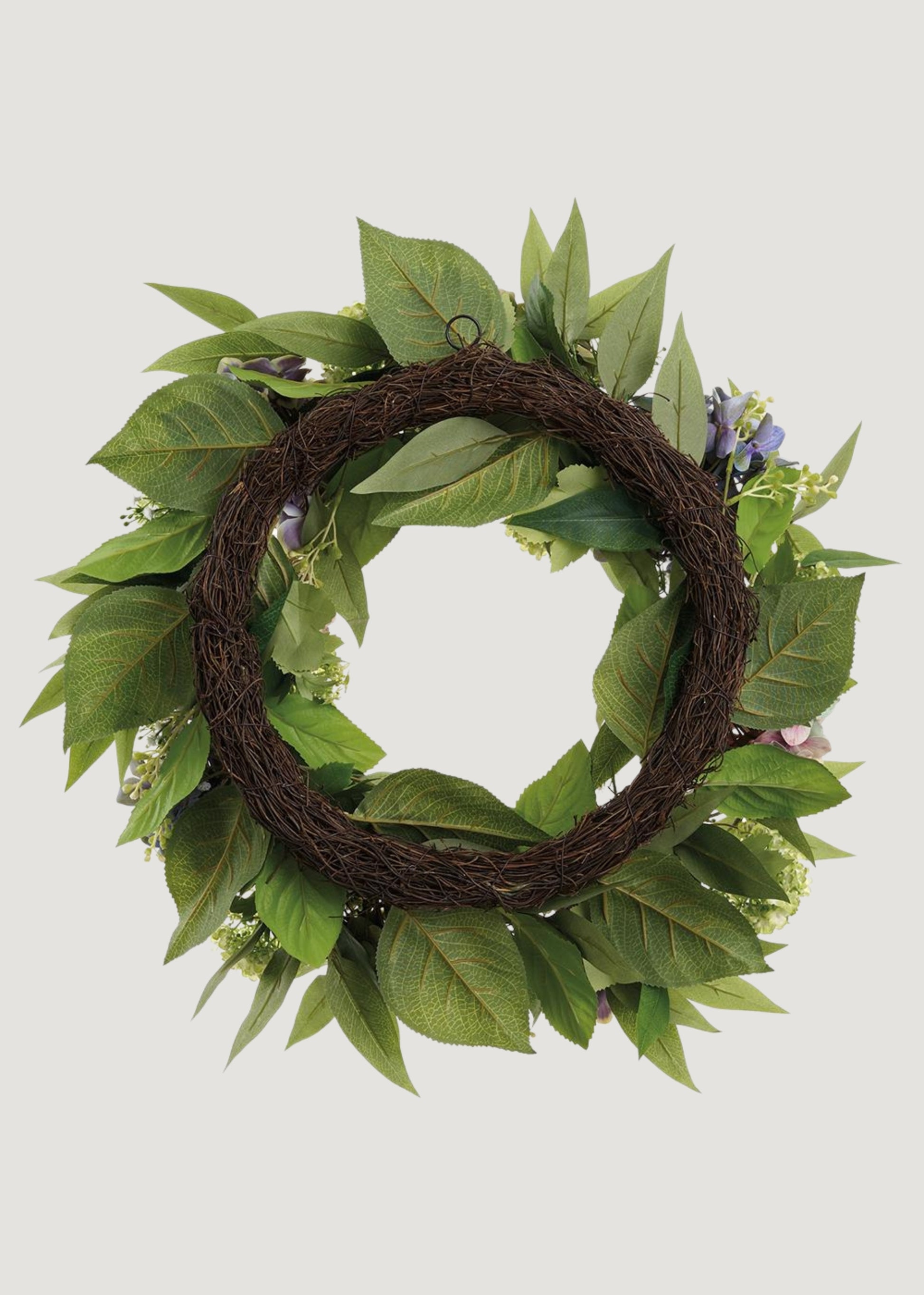 Back of Purple Green Fake Hydrangea and Snowball Flower Wreath