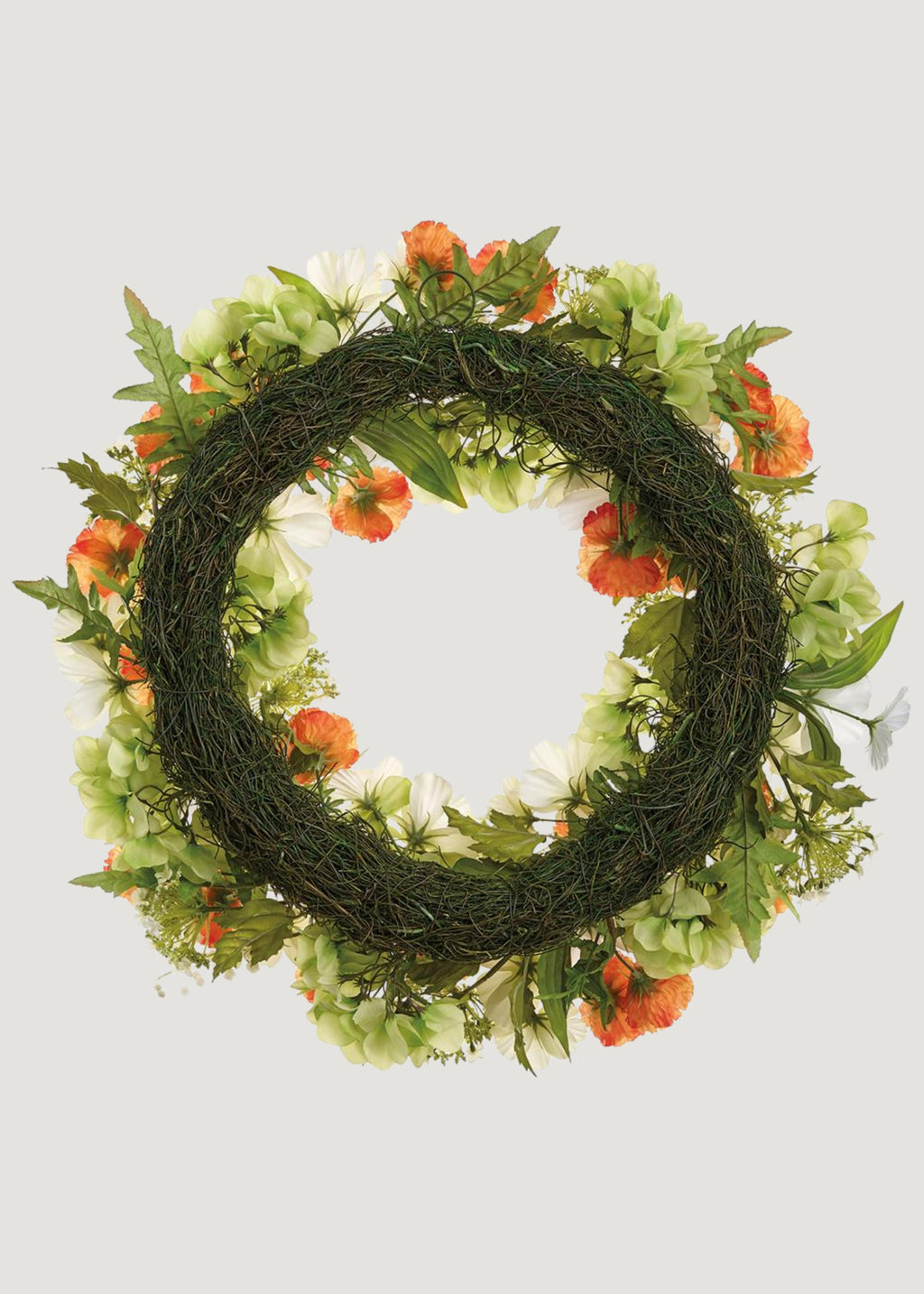 Back of Orange and White Fake Poppy Wreath with Snowball Flowers 
