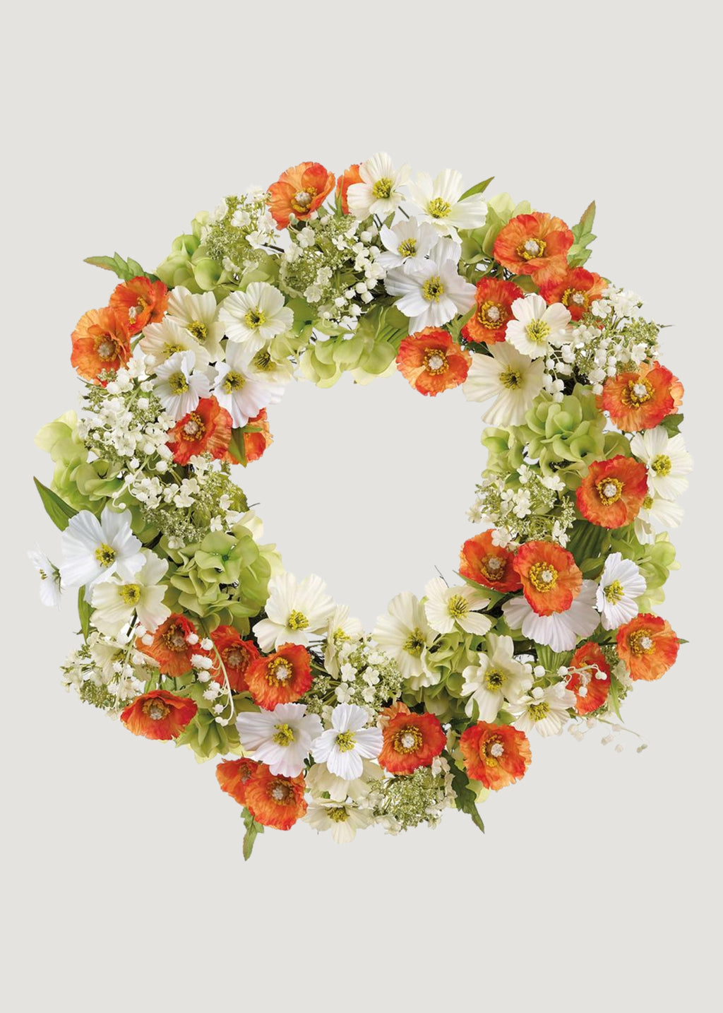 Orange and White Fake Poppy Wreath with Snowball Flowers 