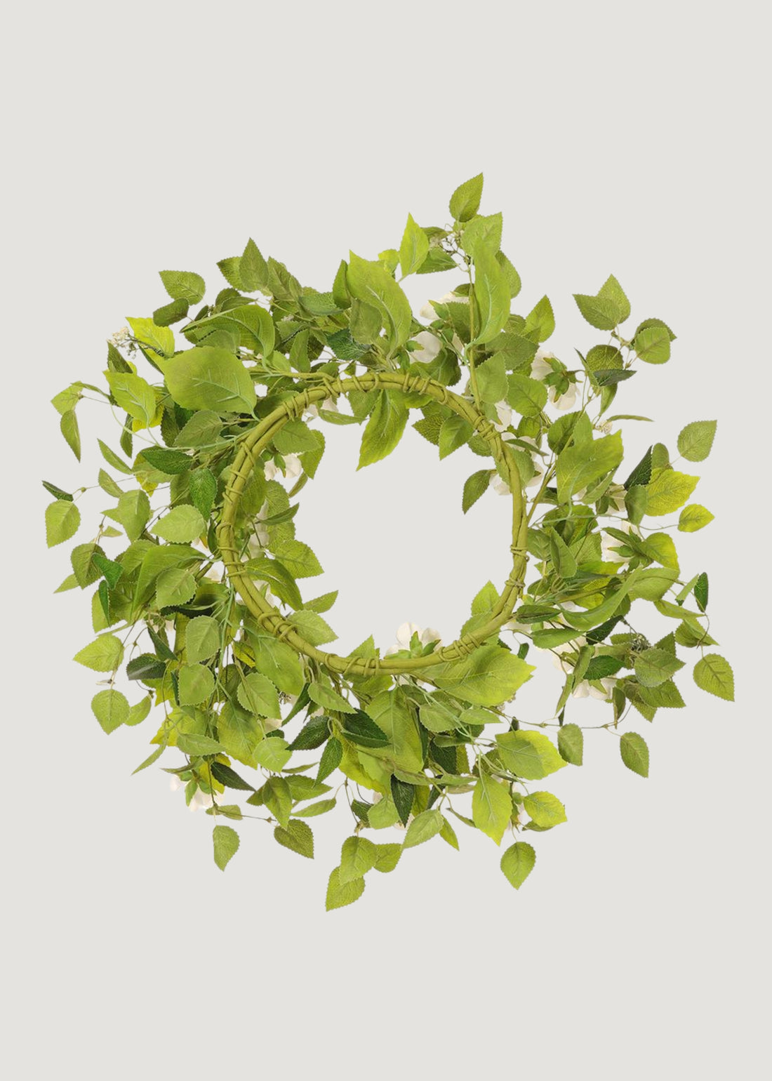 Back of White Artificial Wild Rose Flower and Leaf Wreath 