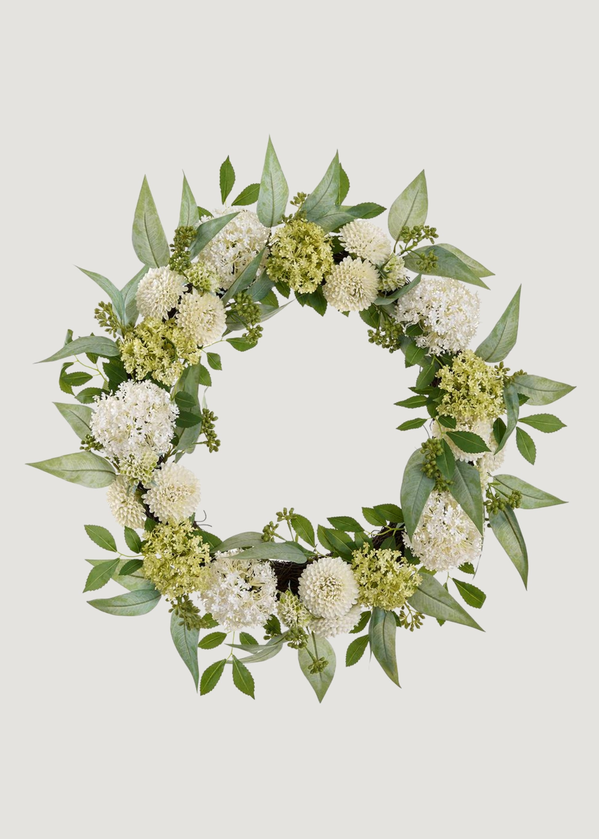 Cream Green Fake Snowball and Mum Flower Wreath with Sedum