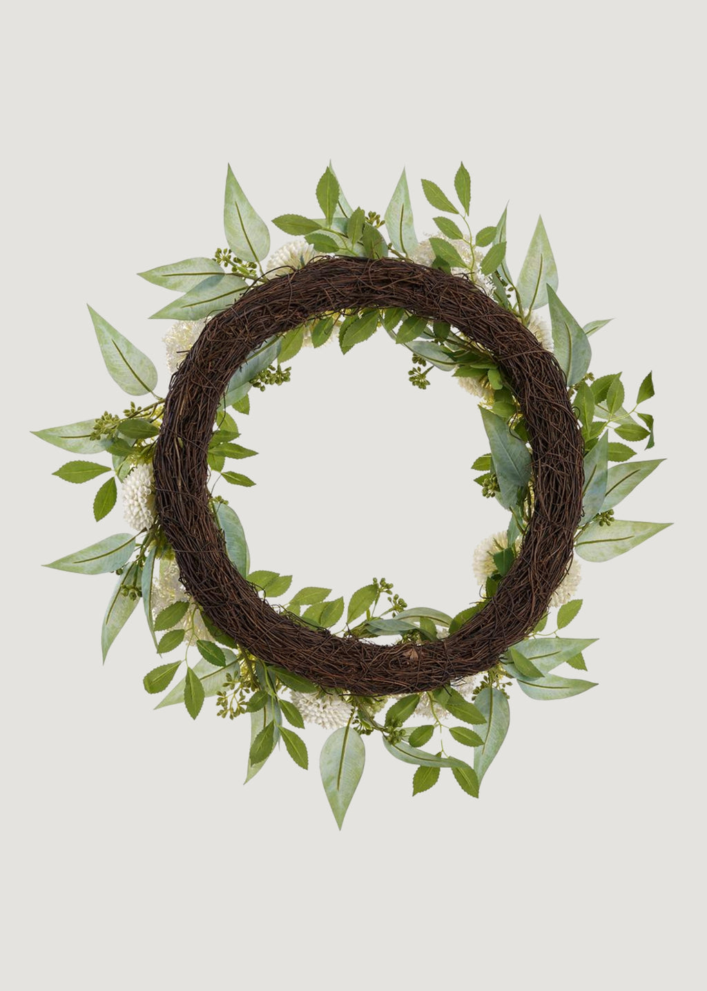 Back Of Cream Green Fake Snowball and Mum Flower Wreath with Sedum