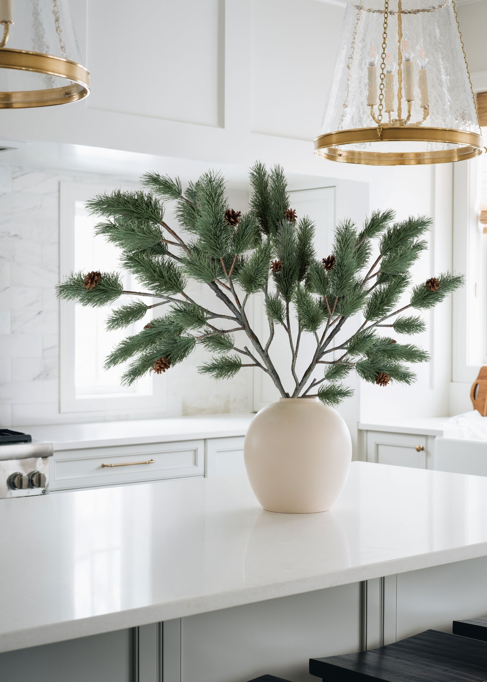 Blue Spruce Branches Styled on Kitchen Counter
