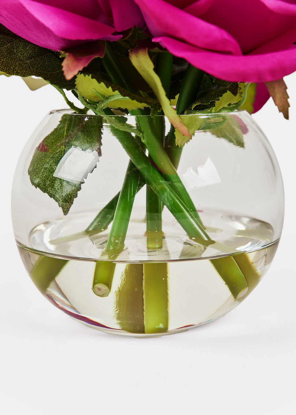 Faux Arrangements Fuchsia Real Touch Roses in Round Glass Vase