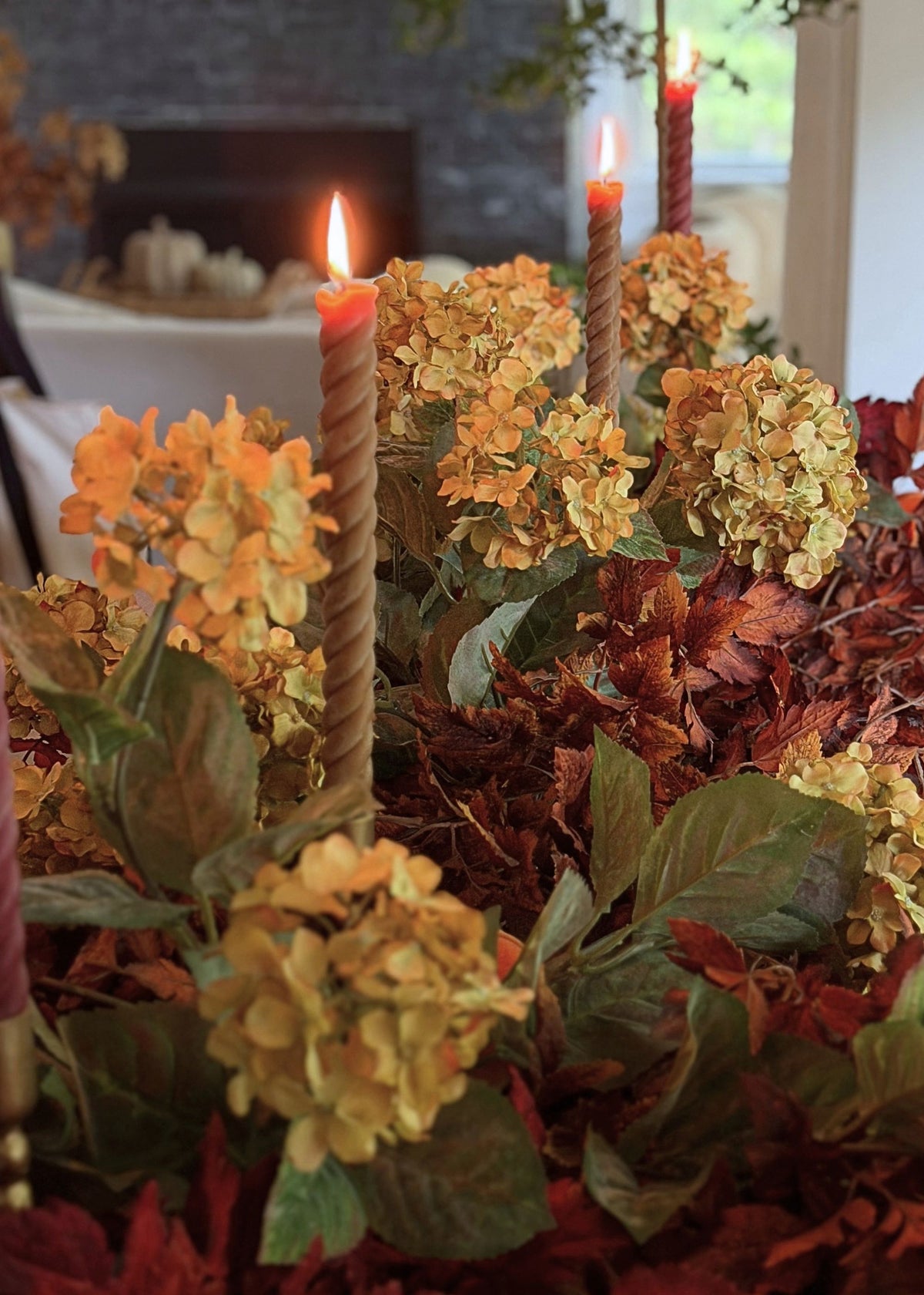 Rope Taper Beeswax Candles in a Fall Foliage Table Runner