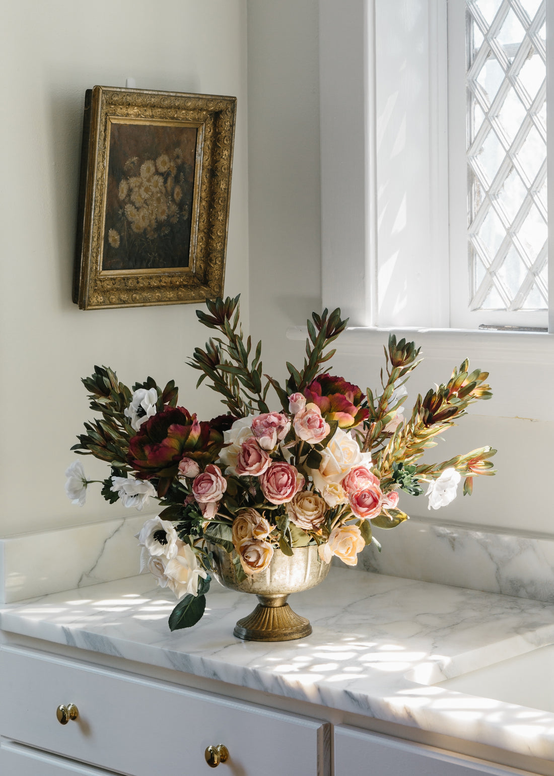 Faux Flower Arrangement with Protea, Ranunculus, Roses, and Peonies