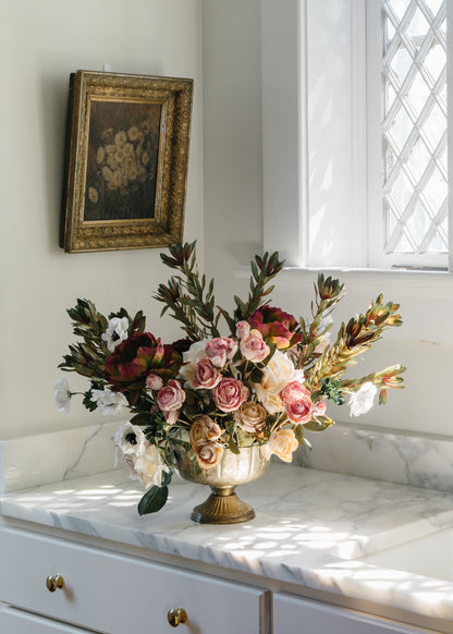 Faux Flower Arrangement with Protea, Ranunculus, Roses, and Peonies