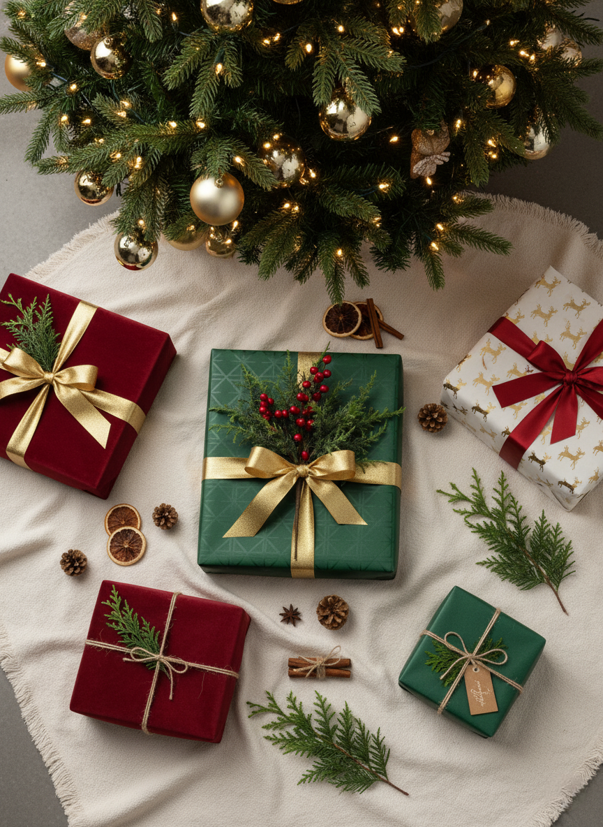 Artificial Winter Cedar Pick with Red Berries on gift wrap under tree