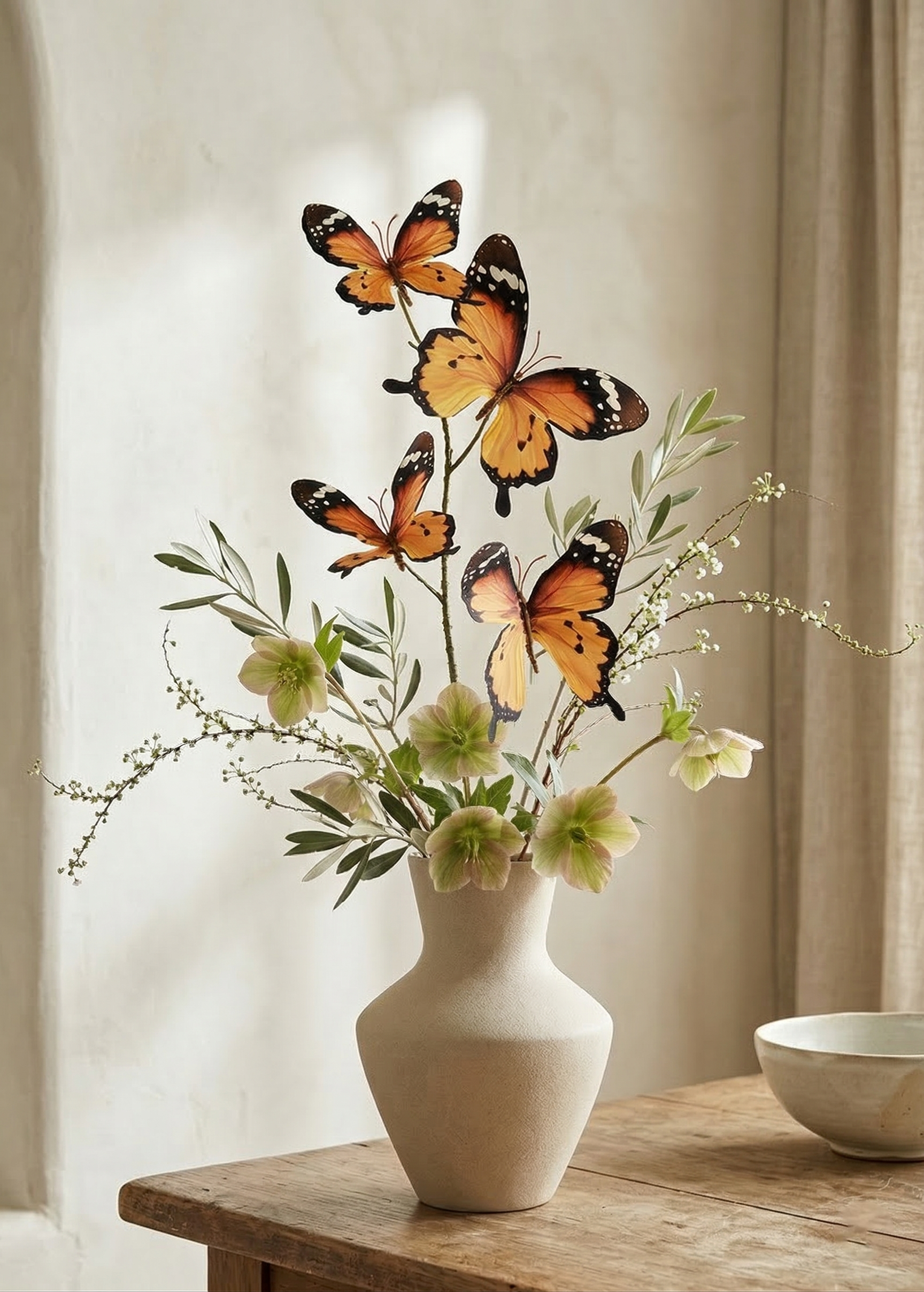 Decorative vase with flowers and butterflies on a wooden table.