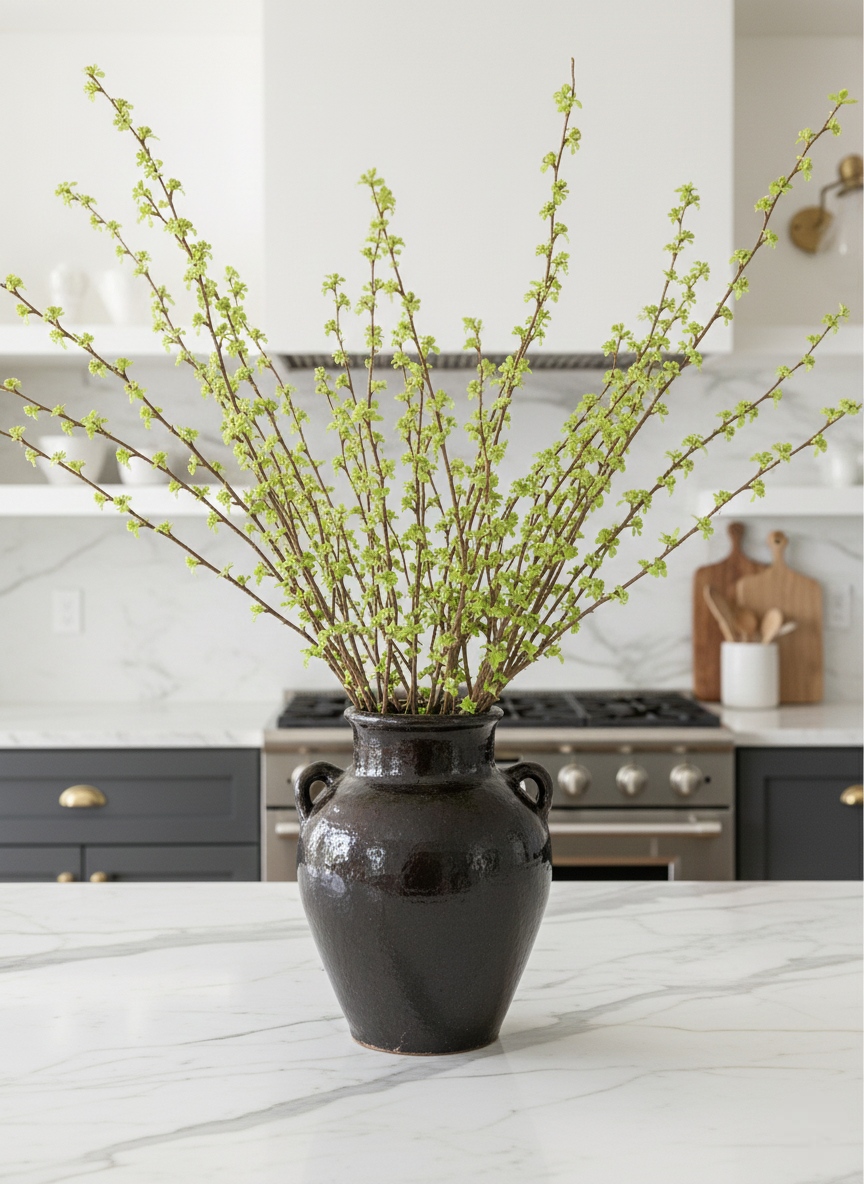 green budding branches in brown vase in kitchen 