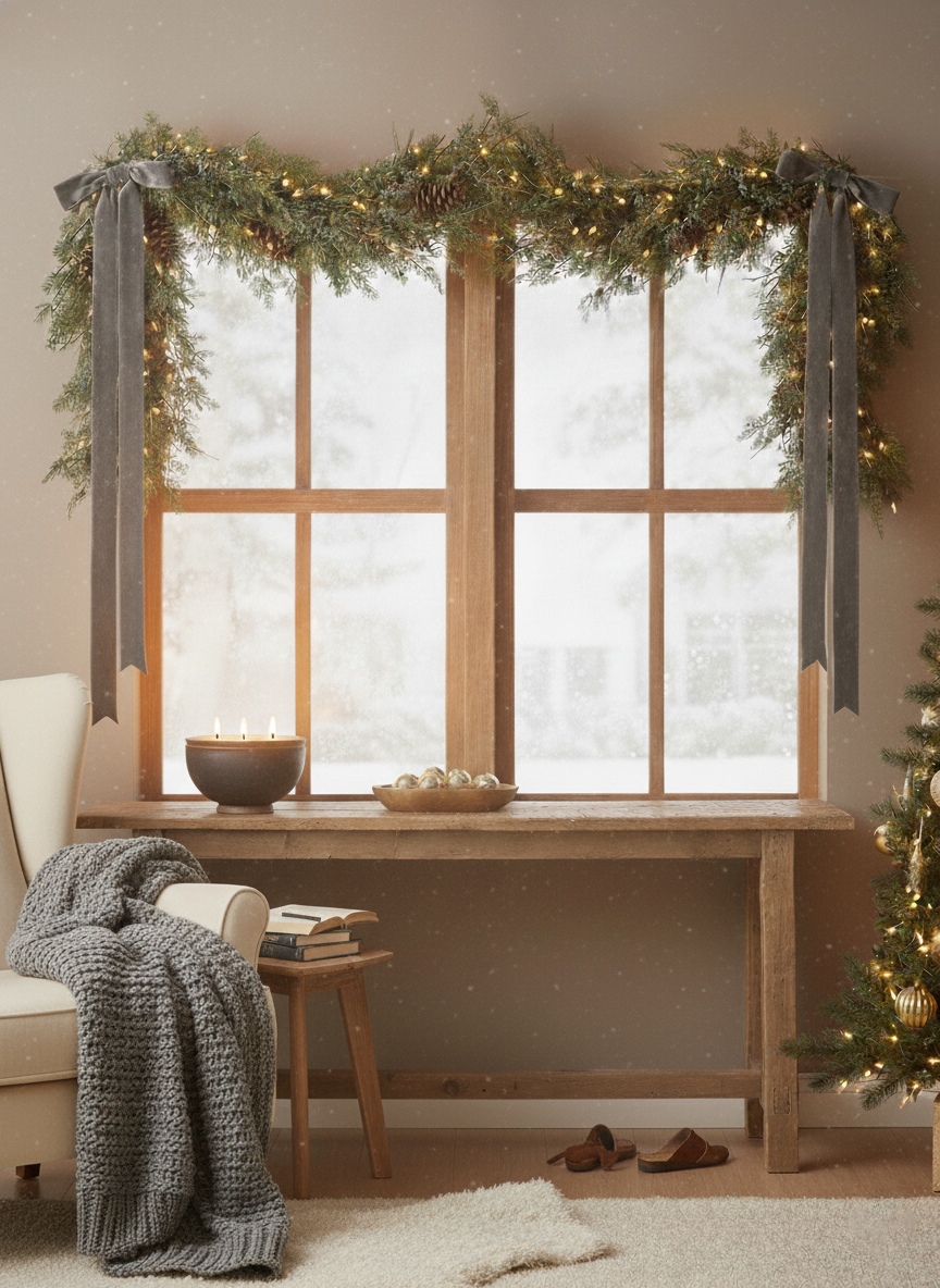 Luxe Faux Juniper Pinecone Garland- 72&quot; over a window