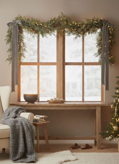 Luxe Faux Juniper Pinecone Garland- 72&quot; over a window