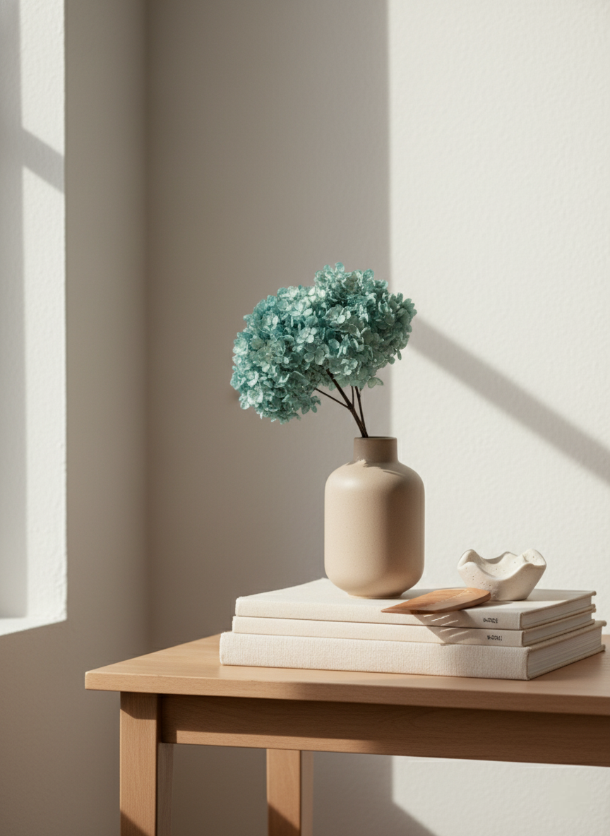 Vase with green flowers on a stack of books on a wooden table in a sunlit room.