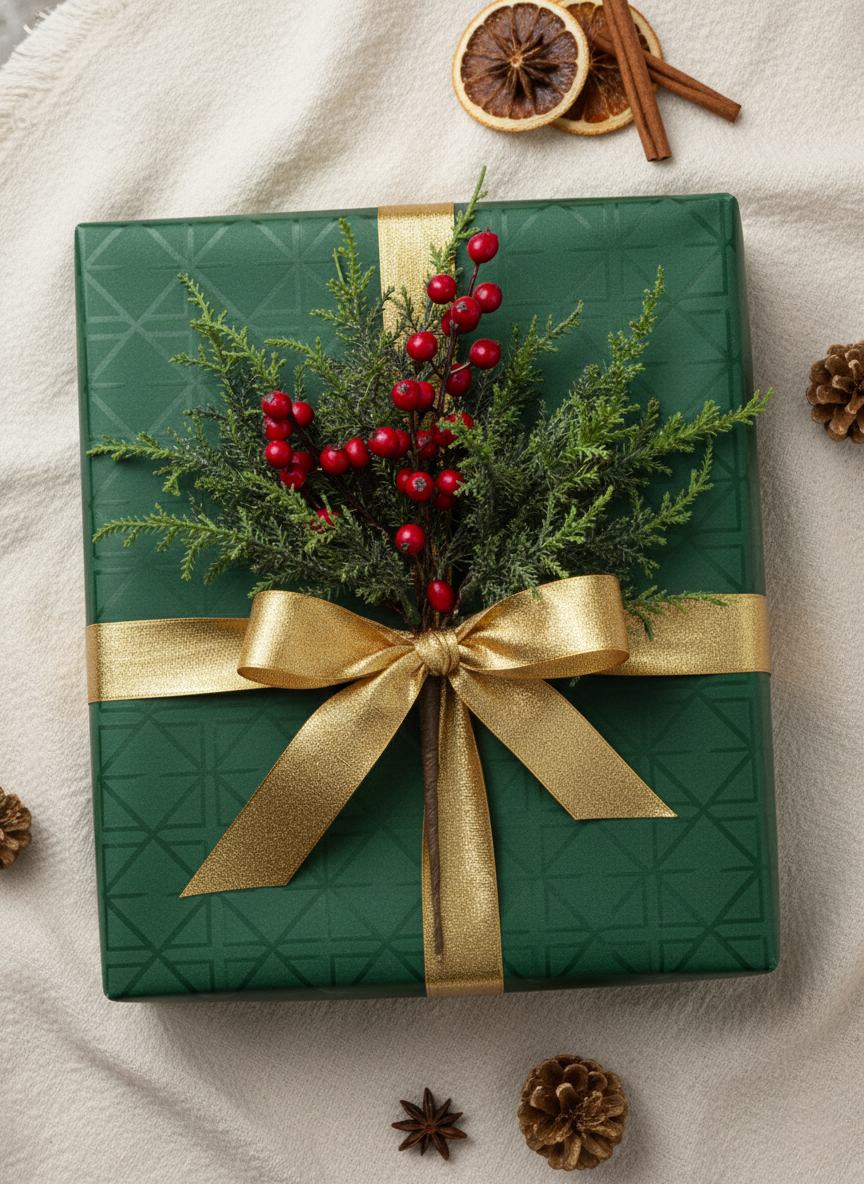 Green gift box with gold ribbon and festive decorations on a light background
