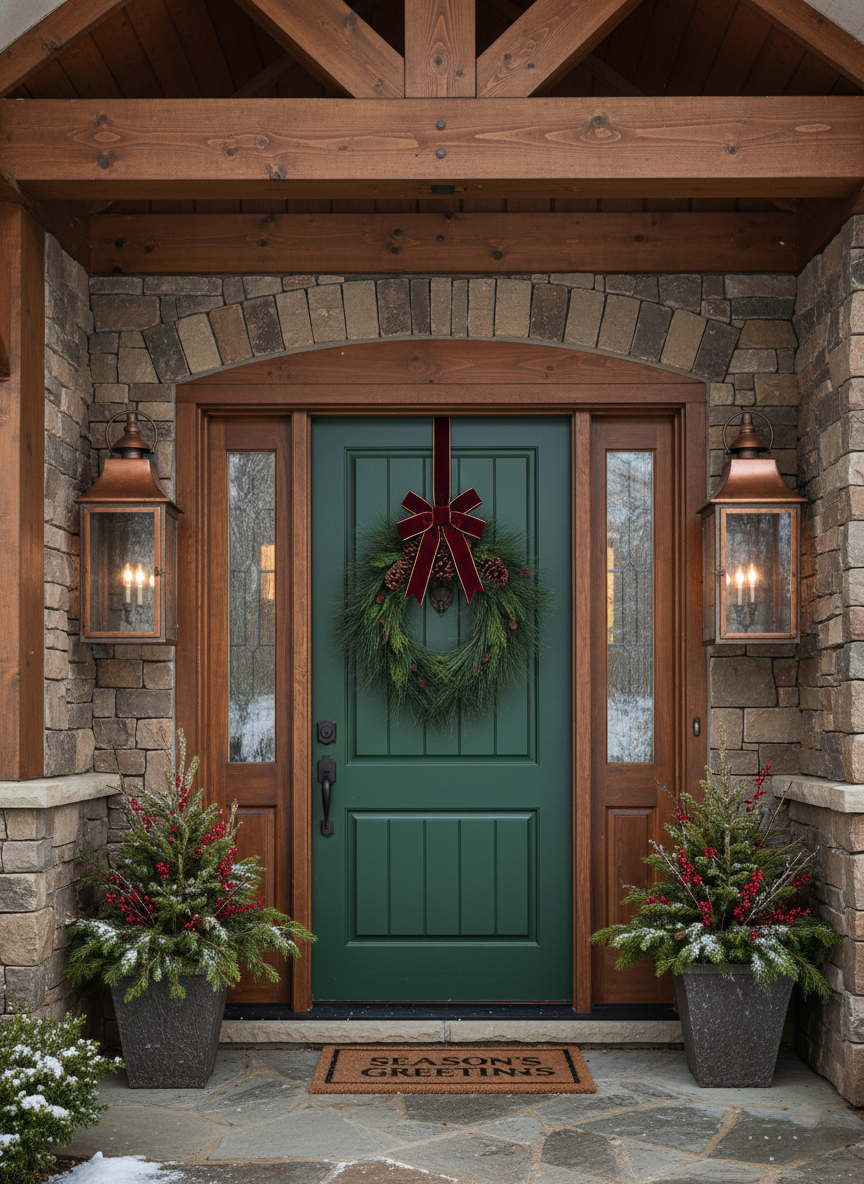 Green front door with wreath and potted plants on a stone porch