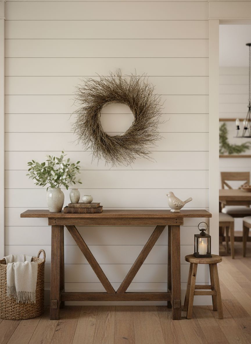 Nestled corner of a room with wooden table, decorative items, and a wreath on a white paneled wall.
