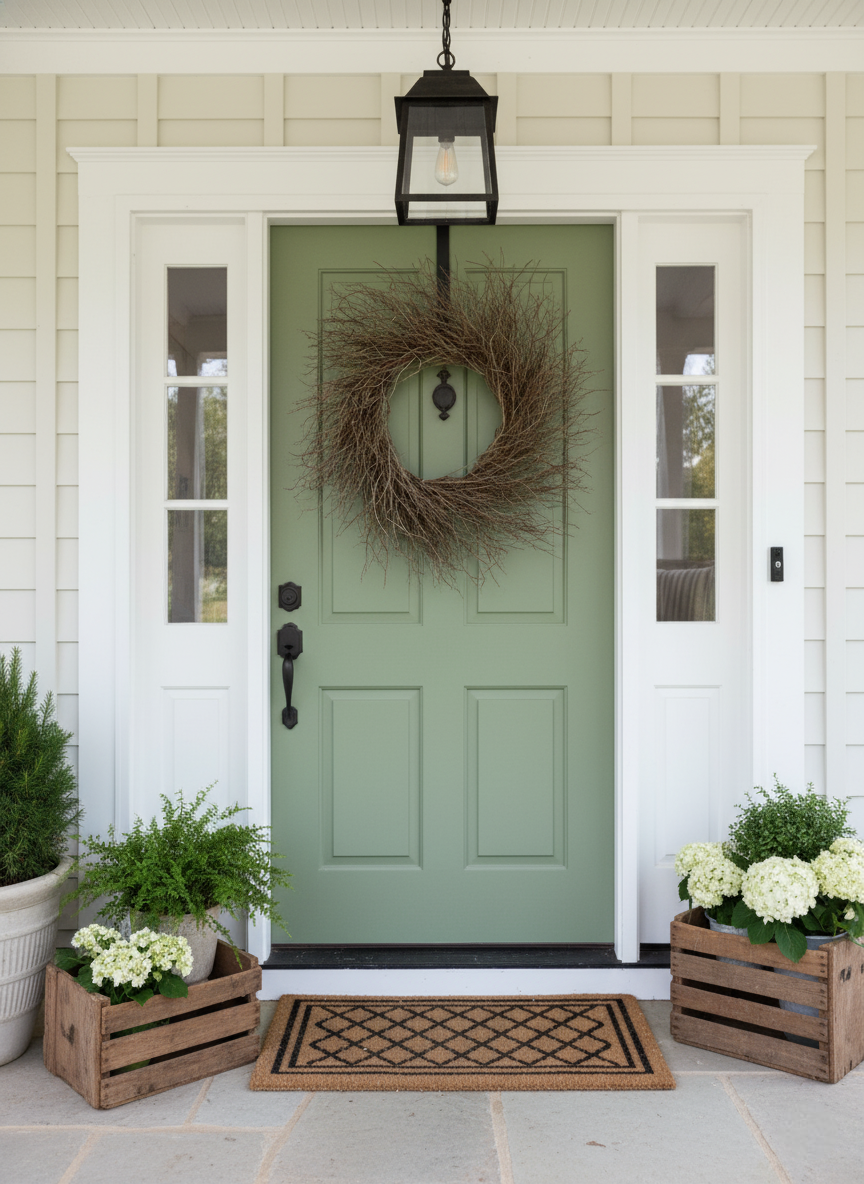 Green front door with a wreath, potted plants, and wooden crates on a porch.