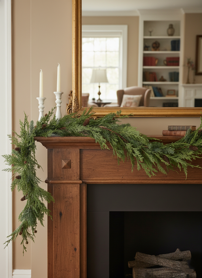 Decorative greenery on a wooden mantelpiece with a mirror above.