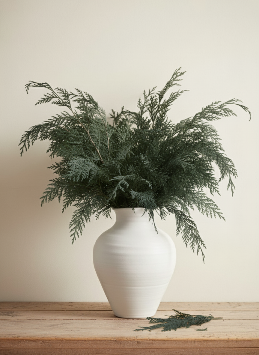 White vase with greenery on a wooden surface against a beige wall