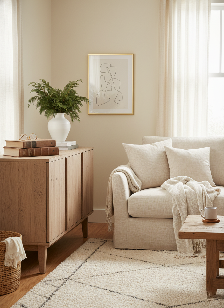 Living room with beige sofa, wooden sideboard, and abstract art on the wall.