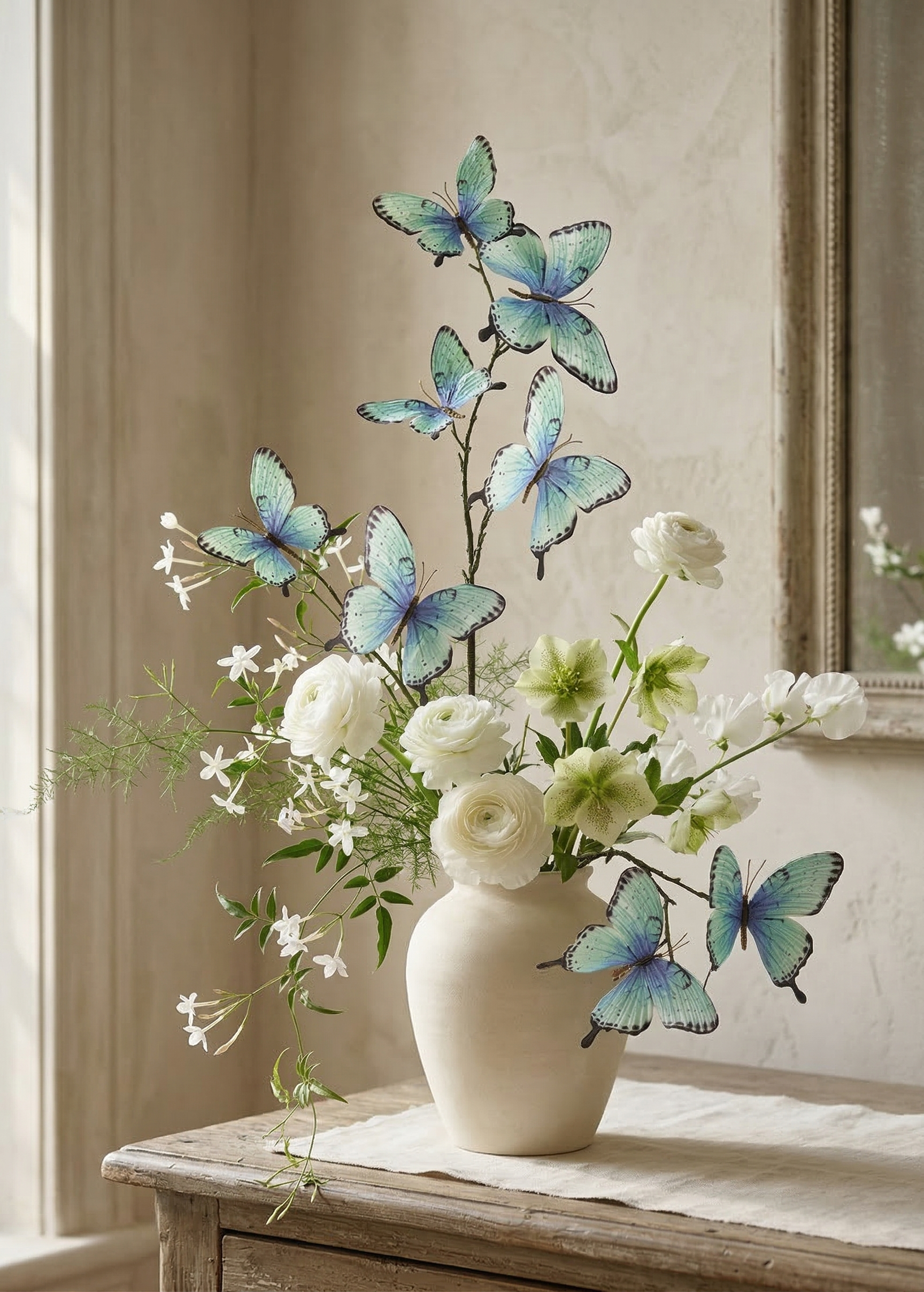 Blue butterflies in flower arrangement 
