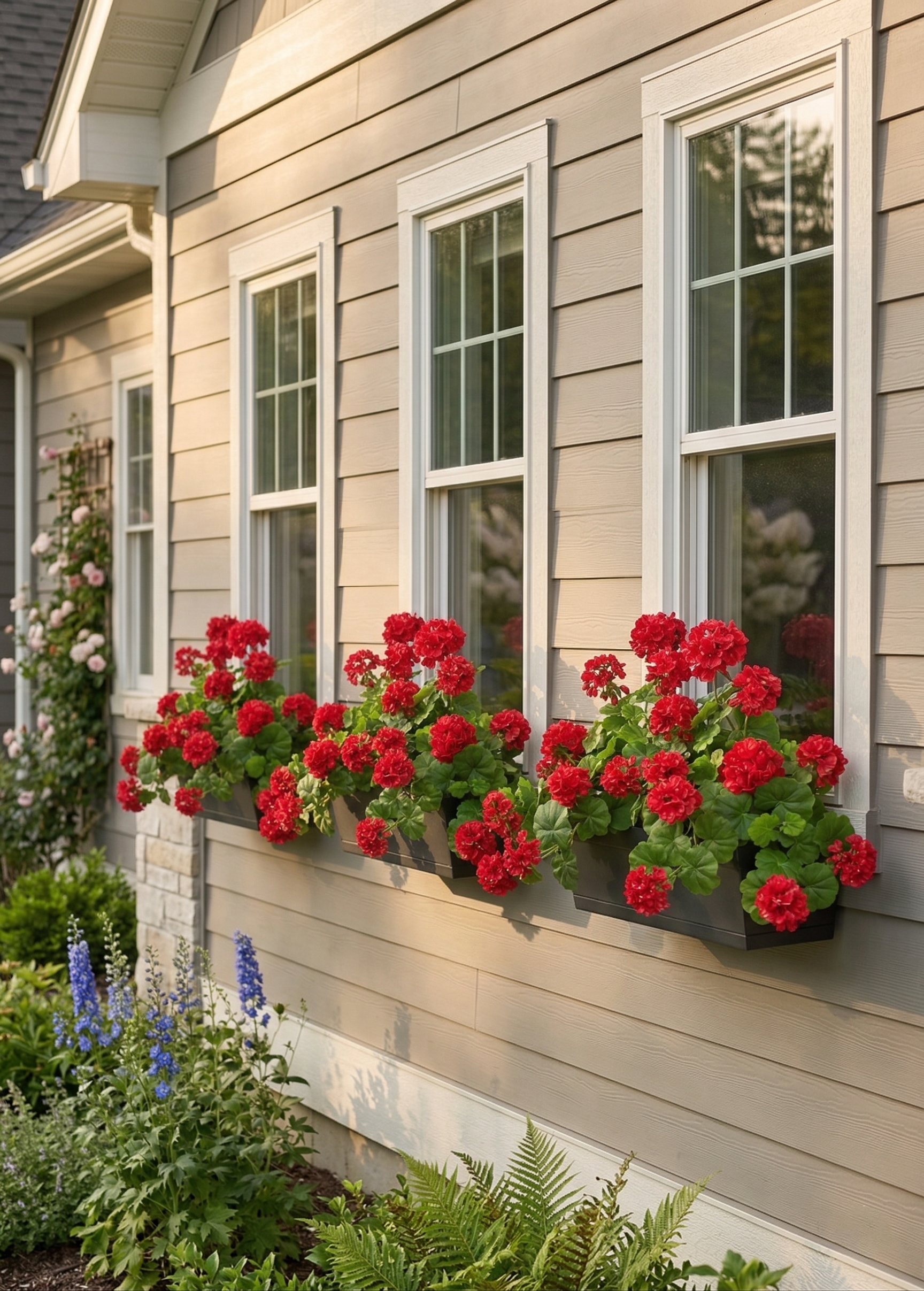 Window box with red flowers on a house exterior