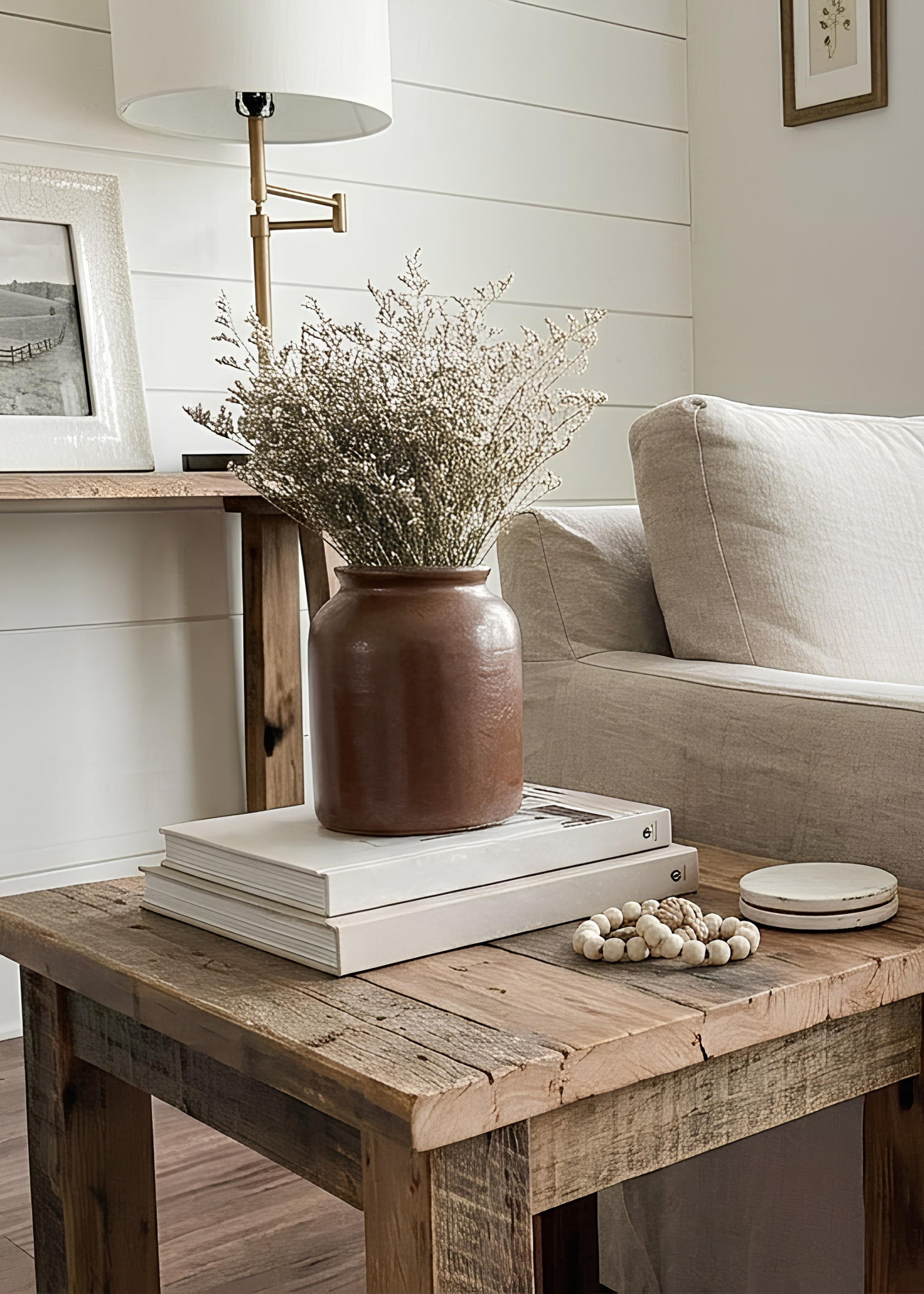 A rustic brown ceramic vase filled with dried white flowers, styled on a light wood coffee table next to a beige sofa in a bright, modern living room.